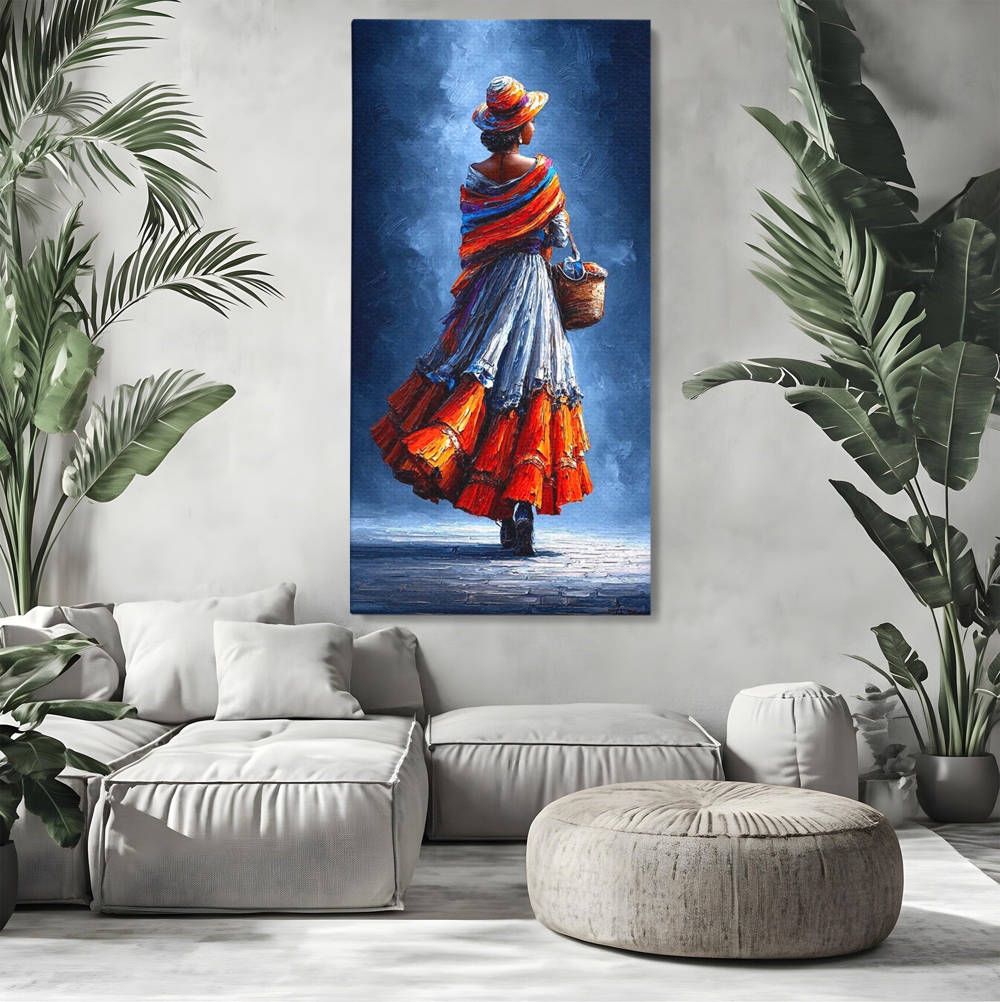 Tablou Canvas Premium LuxCanva® PI1012, Femeie In Rochie Colorata, Plimbare, Rochie, Cos, Arta, Portret, Living, Culori Vibrante