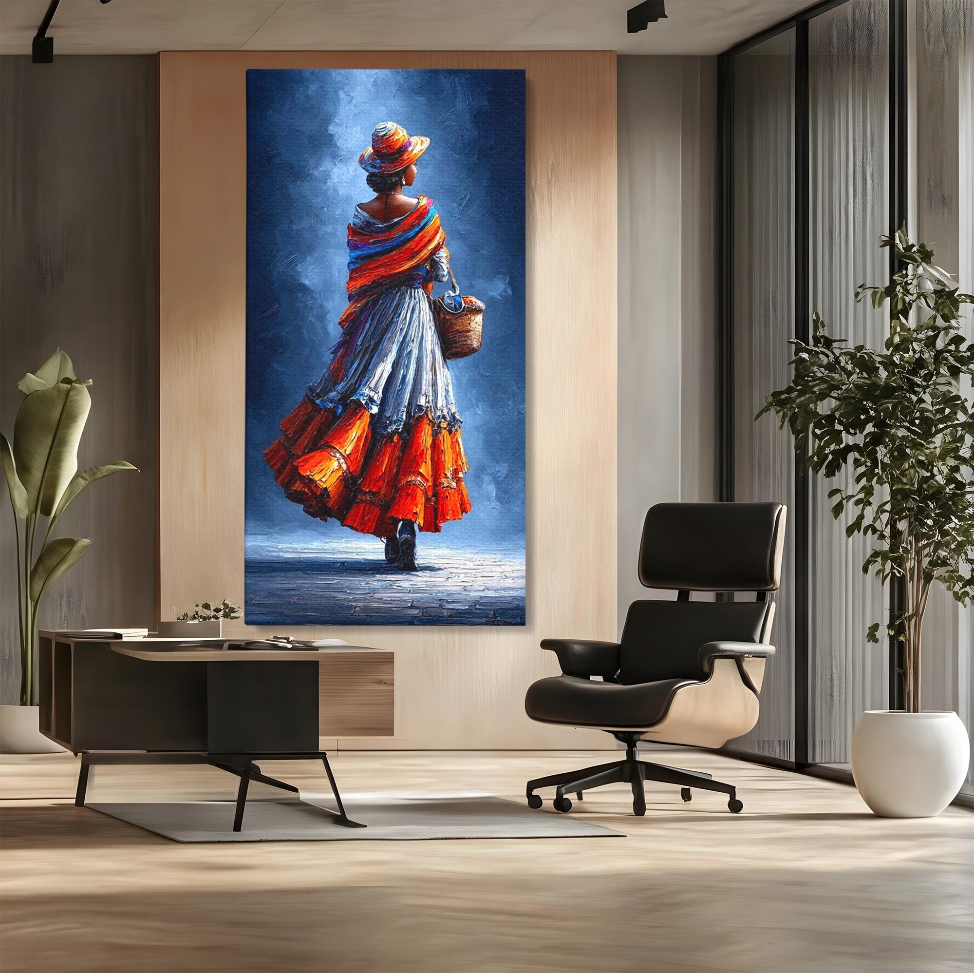 Tablou Canvas Premium LuxCanva® PI1012, Femeie In Rochie Colorata, Plimbare, Rochie, Cos, Arta, Portret, Living, Culori Vibrante