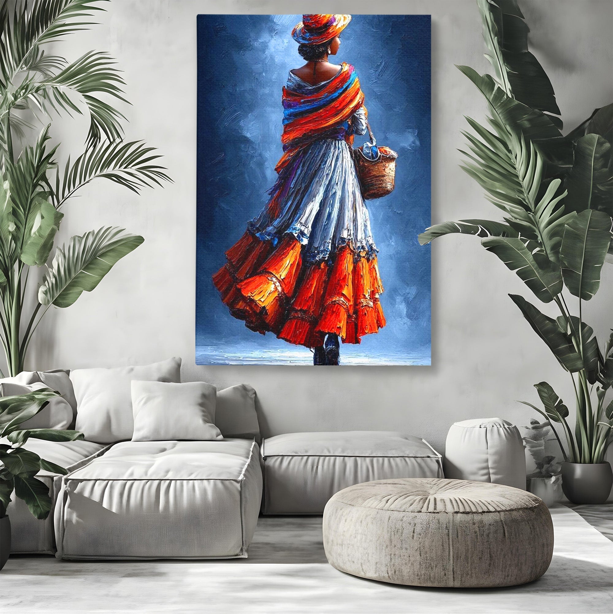 Tablou Canvas Premium LuxCanva® PI1012, Femeie In Rochie Colorata, Plimbare, Rochie, Cos, Arta, Portret, Living, Culori Vibrante