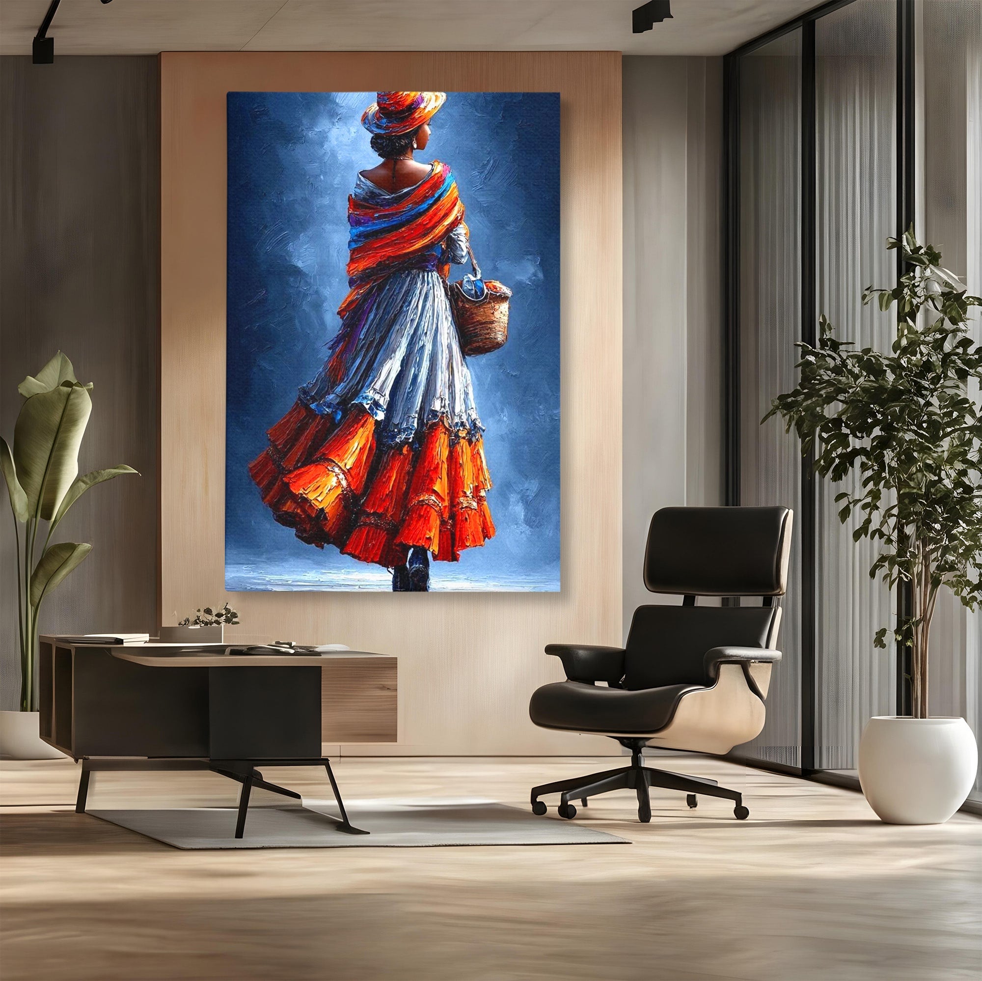 Tablou Canvas Premium LuxCanva® PI1012, Femeie In Rochie Colorata, Plimbare, Rochie, Cos, Arta, Portret, Living, Culori Vibrante