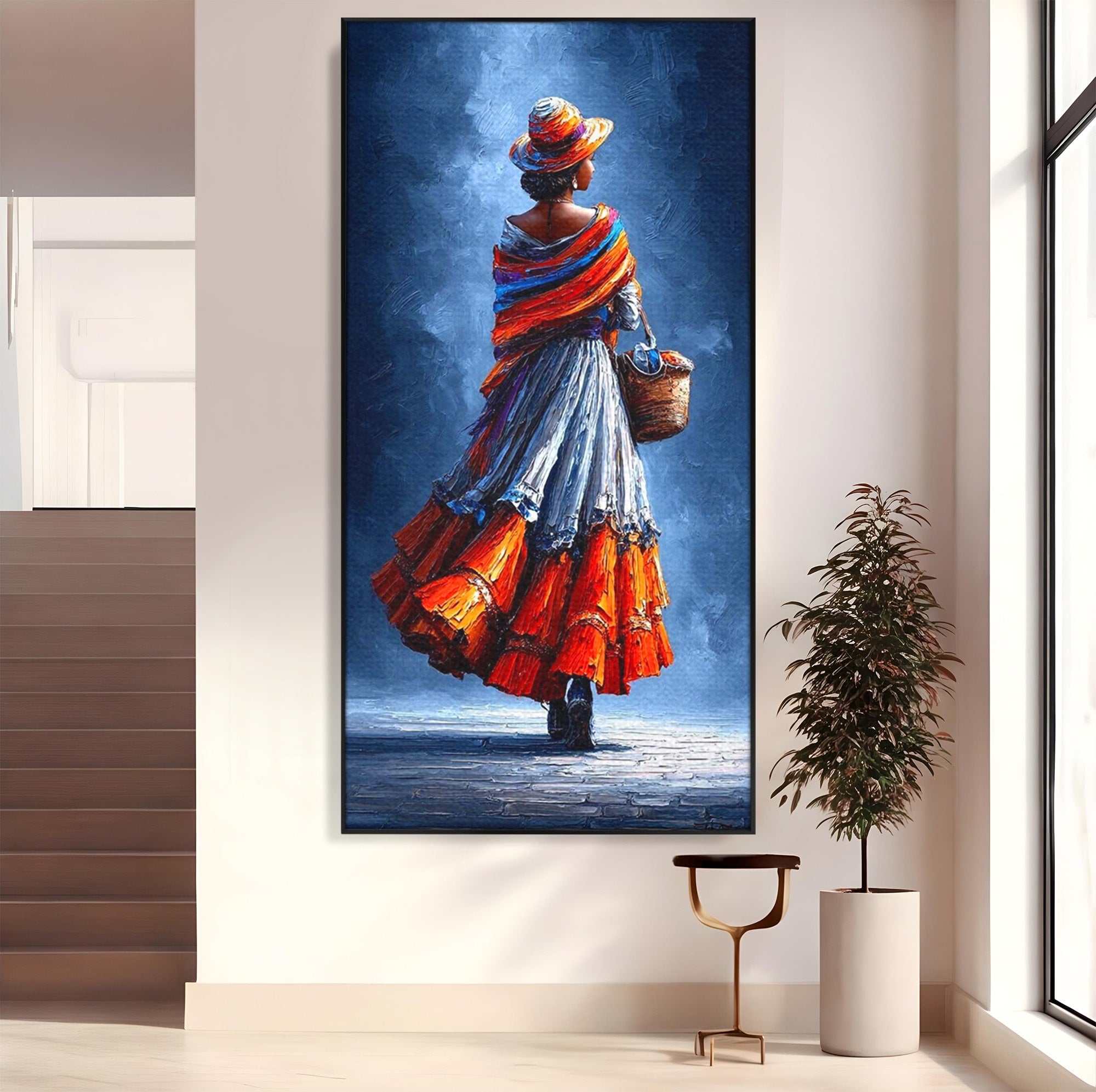 Tablou Canvas Premium LuxCanva® PI1012, Femeie In Rochie Colorata, Plimbare, Rochie, Cos, Arta, Portret, Living, Culori Vibrante