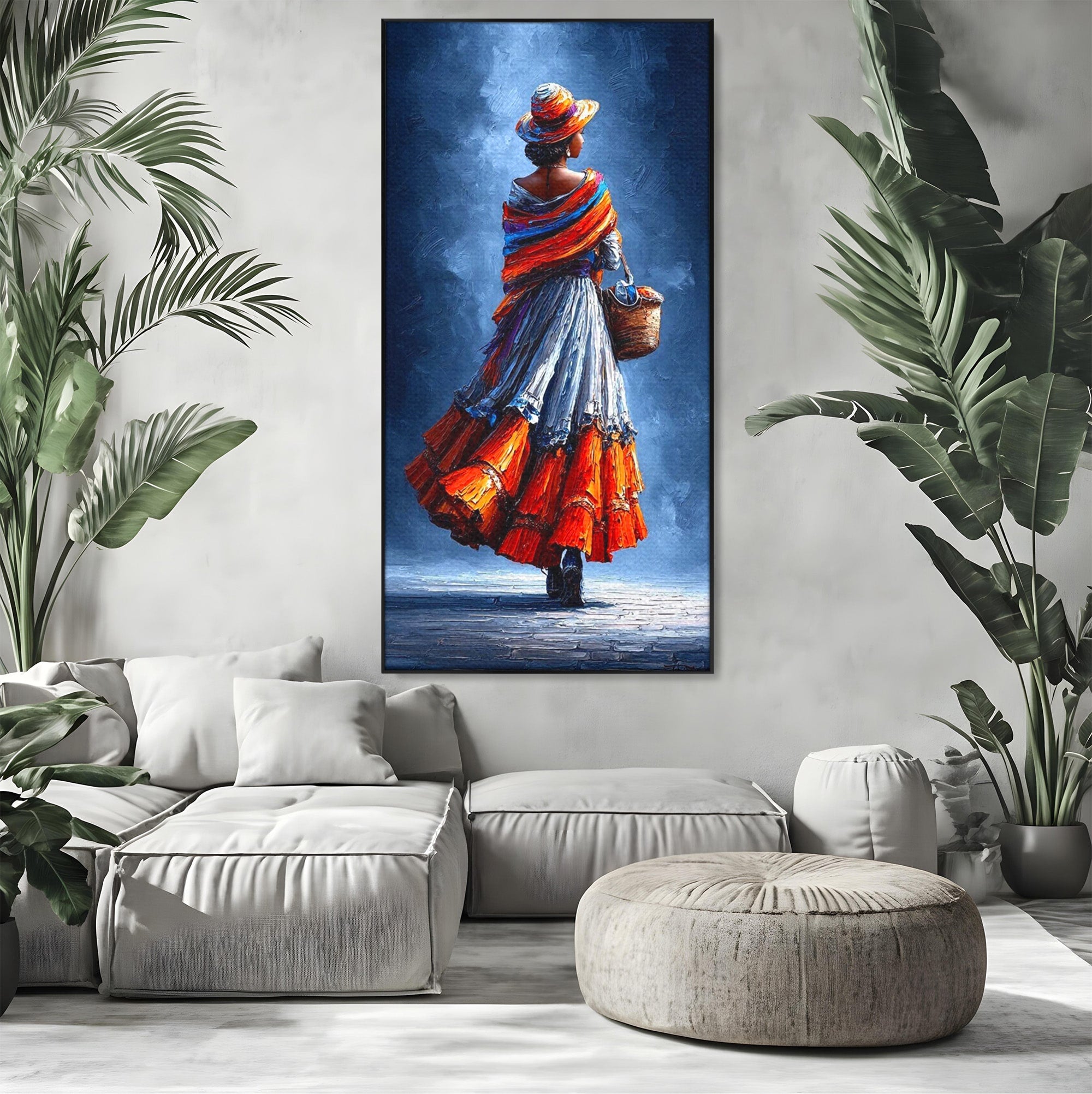 Tablou Canvas Premium LuxCanva® PI1012, Femeie In Rochie Colorata, Plimbare, Rochie, Cos, Arta, Portret, Living, Culori Vibrante
