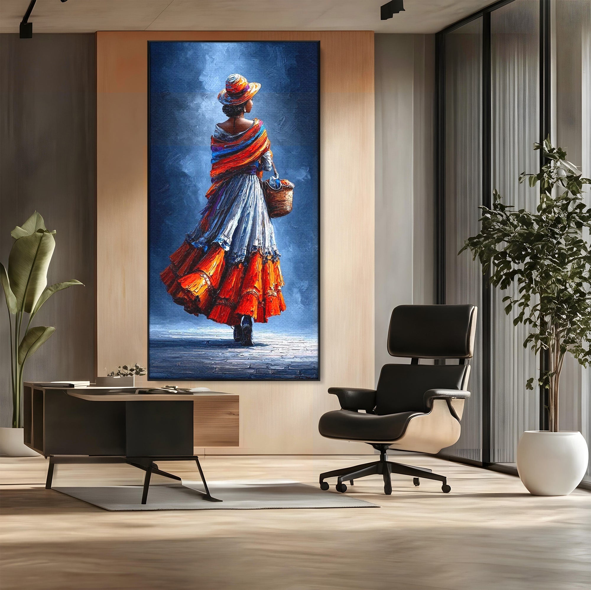 Tablou Canvas Premium LuxCanva® PI1012, Femeie In Rochie Colorata, Plimbare, Rochie, Cos, Arta, Portret, Living, Culori Vibrante