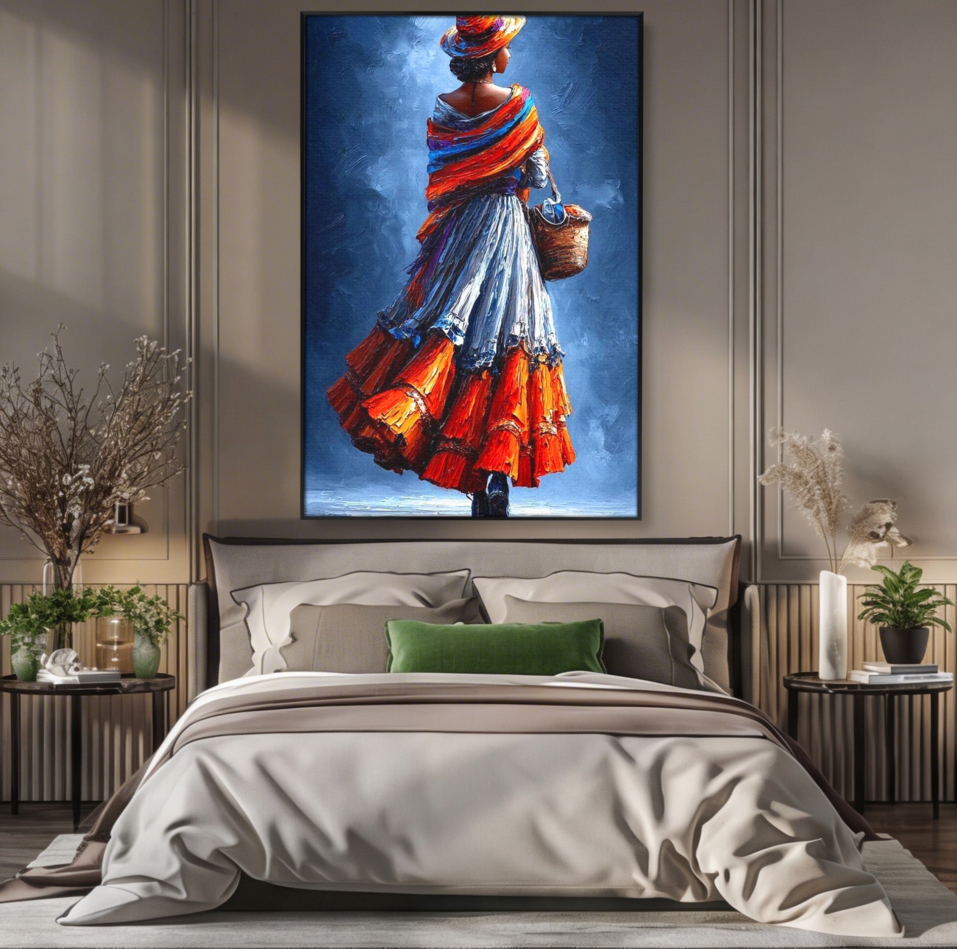 Tablou Canvas Premium LuxCanva® PI1012, Femeie In Rochie Colorata, Plimbare, Rochie, Cos, Arta, Portret, Living, Culori Vibrante