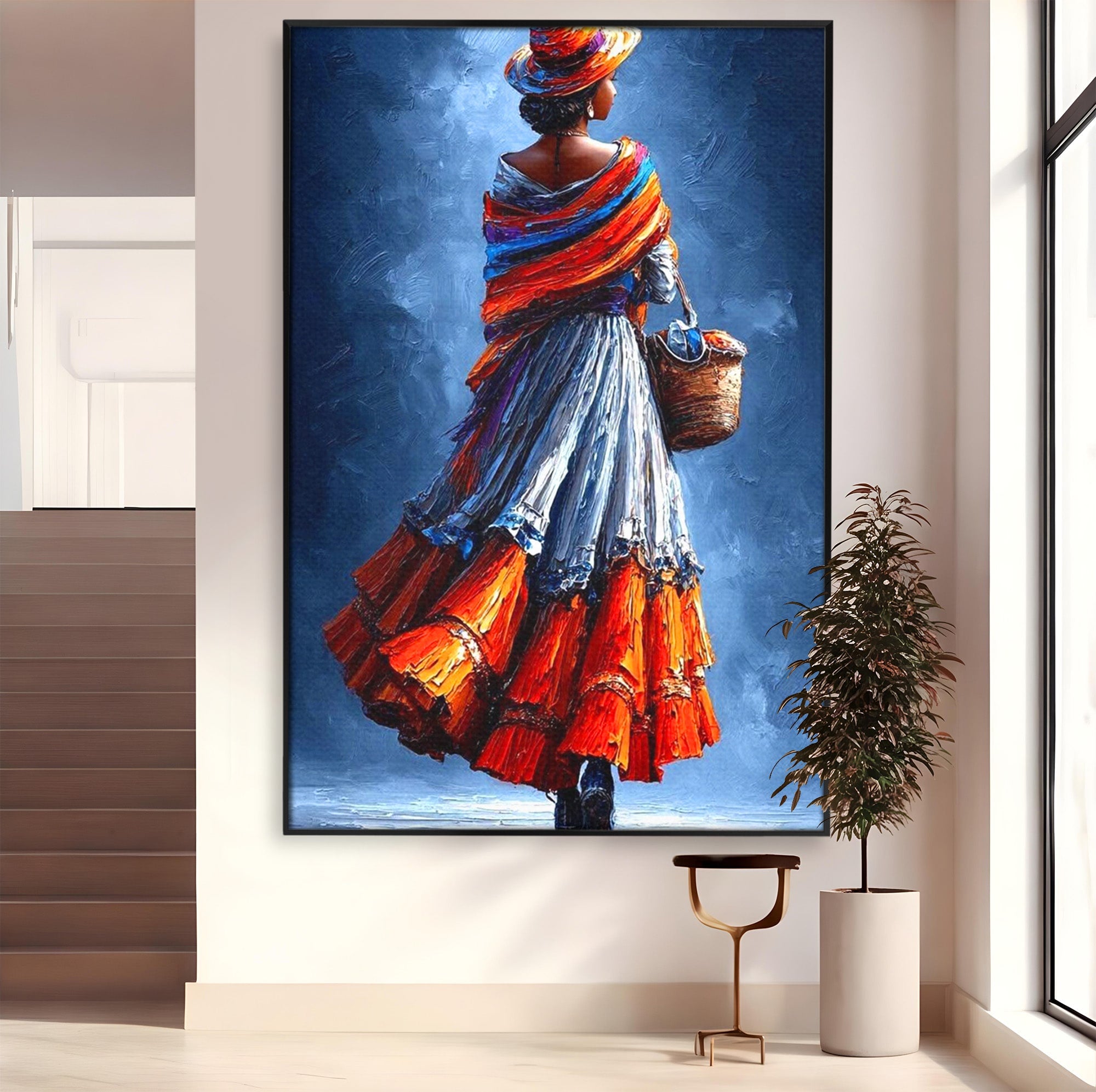 Tablou Canvas Premium LuxCanva® PI1012, Femeie In Rochie Colorata, Plimbare, Rochie, Cos, Arta, Portret, Living, Culori Vibrante