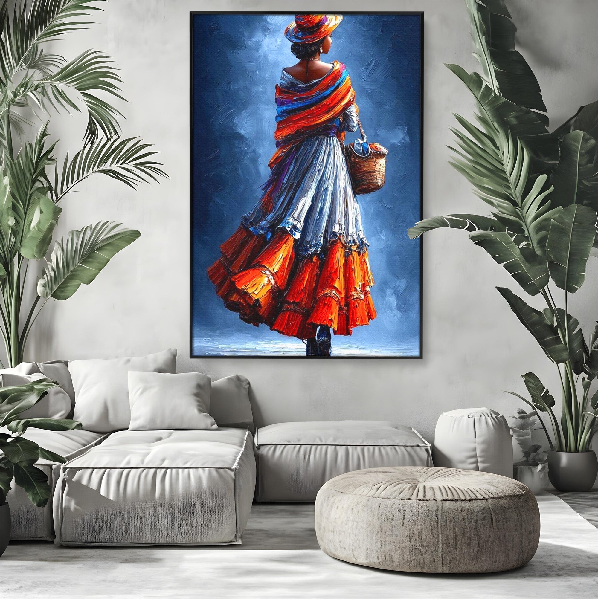 Tablou Canvas Premium LuxCanva® PI1012, Femeie In Rochie Colorata, Plimbare, Rochie, Cos, Arta, Portret, Living, Culori Vibrante