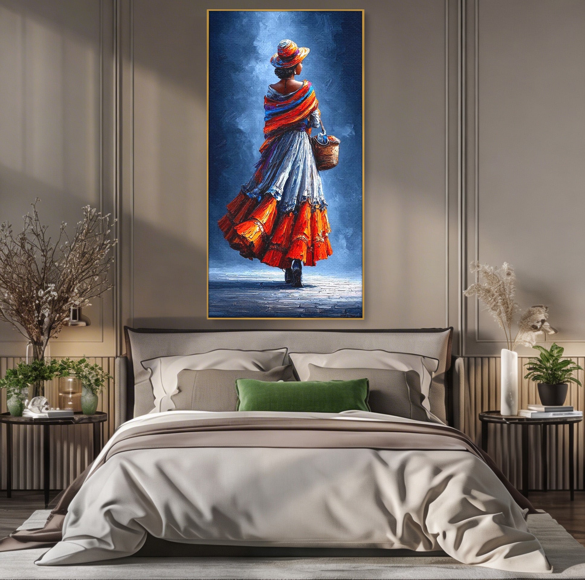 Tablou Canvas Premium LuxCanva® PI1012, Femeie In Rochie Colorata, Plimbare, Rochie, Cos, Arta, Portret, Living, Culori Vibrante