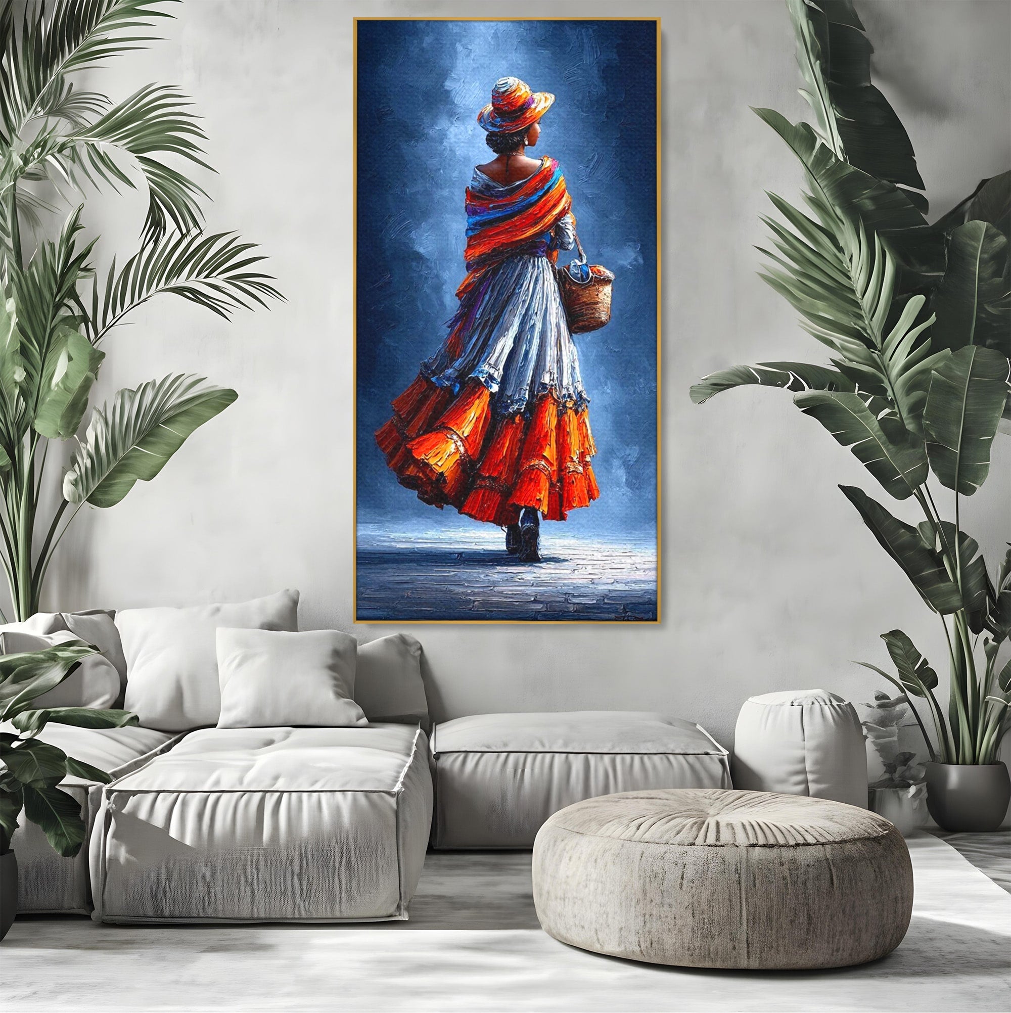Tablou Canvas Premium LuxCanva® PI1012, Femeie In Rochie Colorata, Plimbare, Rochie, Cos, Arta, Portret, Living, Culori Vibrante