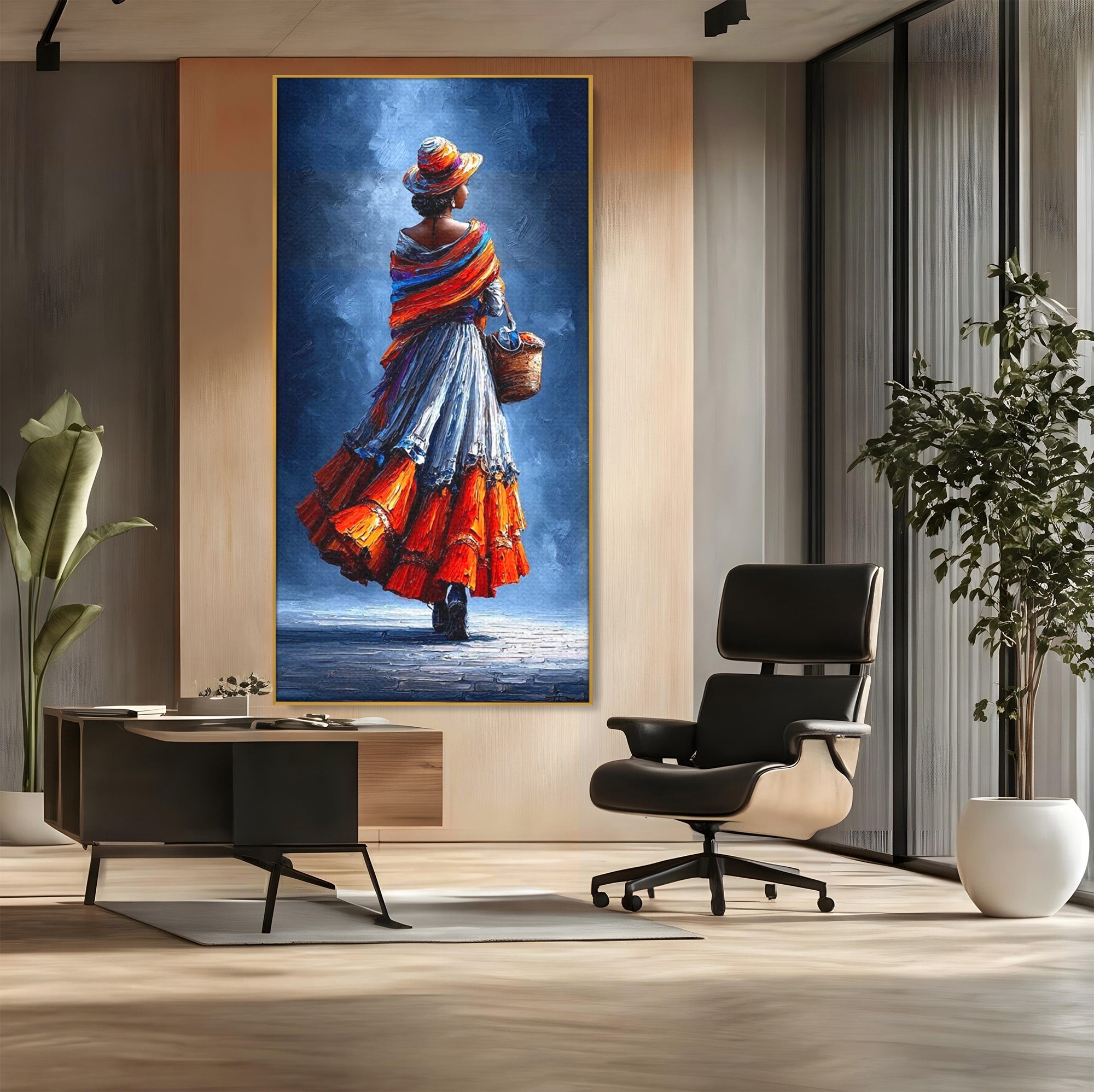 Tablou Canvas Premium LuxCanva® PI1012, Femeie In Rochie Colorata, Plimbare, Rochie, Cos, Arta, Portret, Living, Culori Vibrante