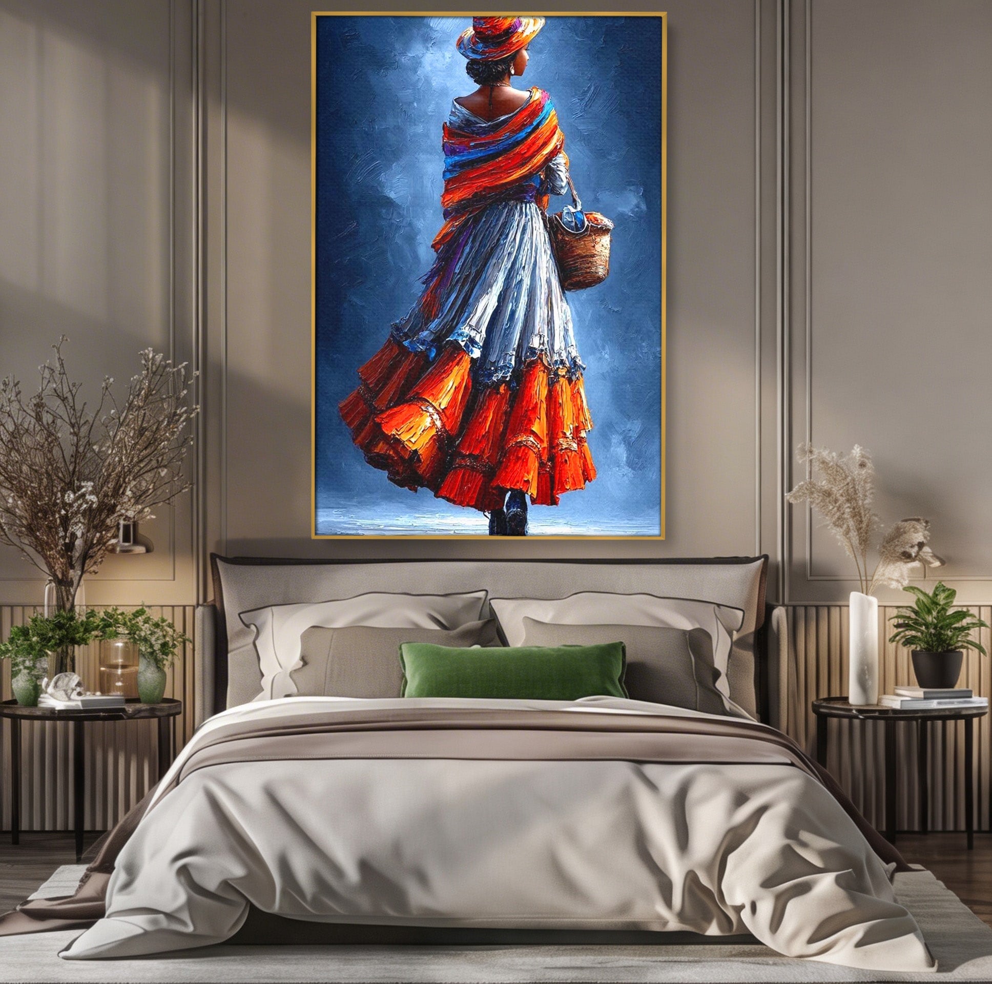 Tablou Canvas Premium LuxCanva® PI1012, Femeie In Rochie Colorata, Plimbare, Rochie, Cos, Arta, Portret, Living, Culori Vibrante