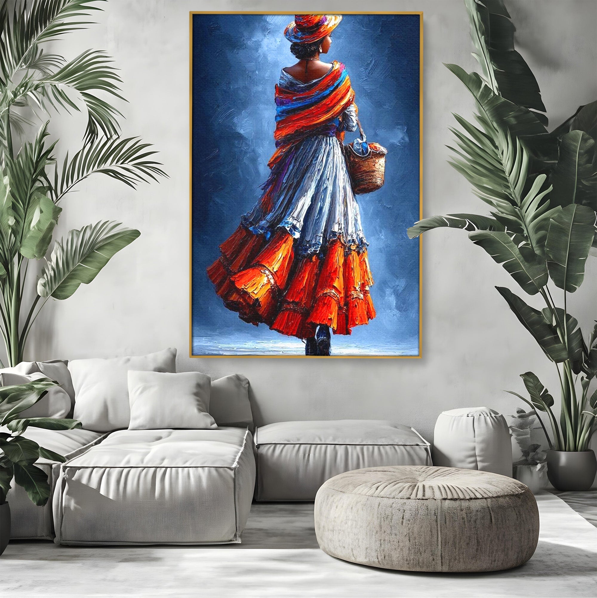 Tablou Canvas Premium LuxCanva® PI1012, Femeie In Rochie Colorata, Plimbare, Rochie, Cos, Arta, Portret, Living, Culori Vibrante