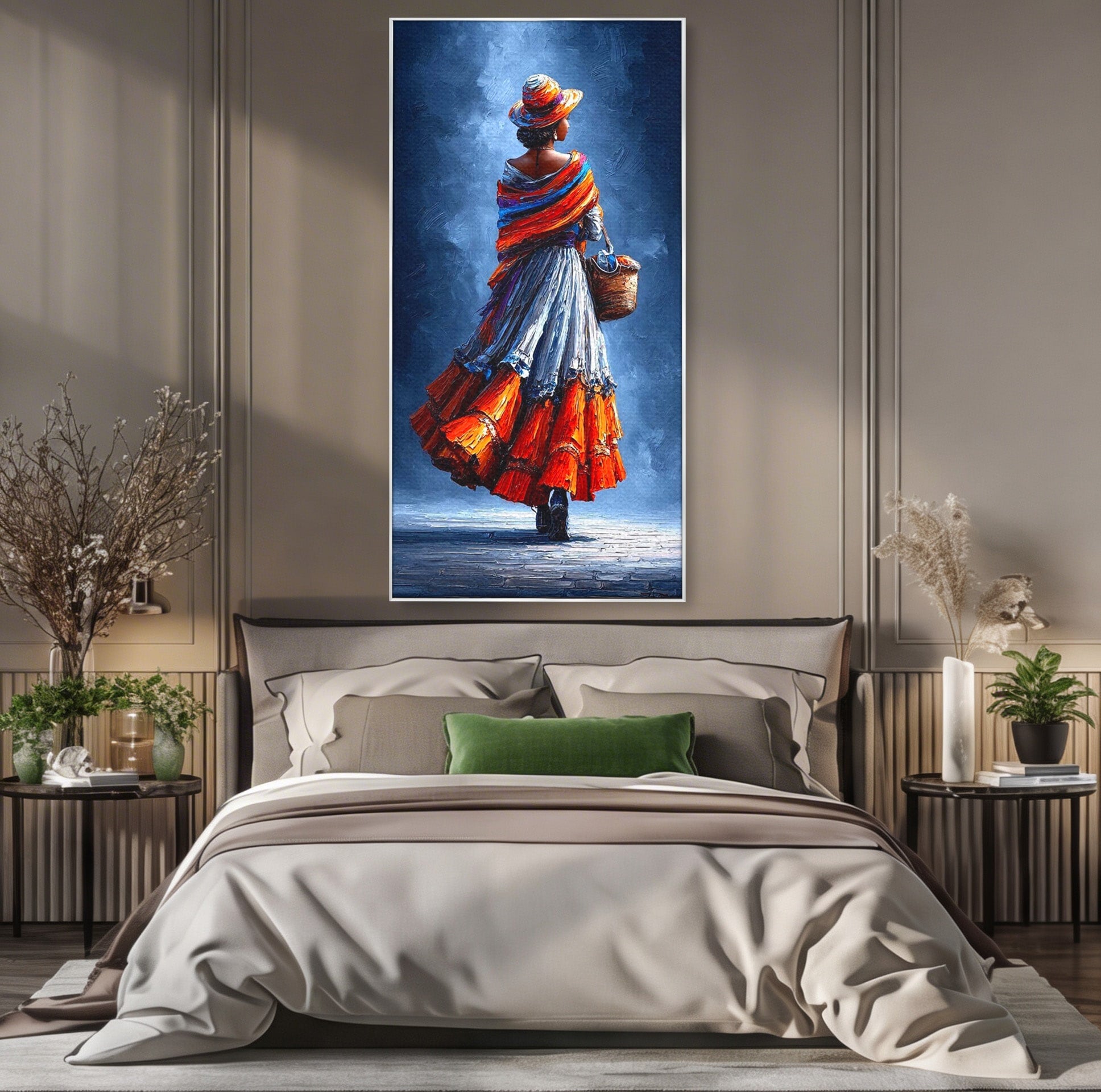 Tablou Canvas Premium LuxCanva® PI1012, Femeie In Rochie Colorata, Plimbare, Rochie, Cos, Arta, Portret, Living, Culori Vibrante