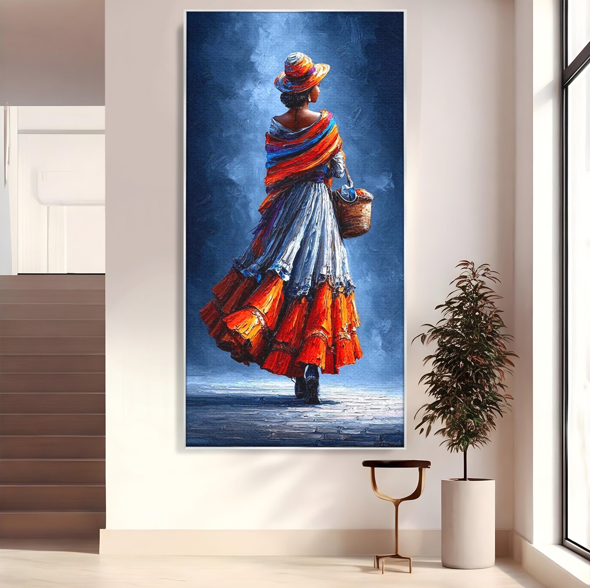 Tablou Canvas Premium LuxCanva® PI1012, Femeie In Rochie Colorata, Plimbare, Rochie, Cos, Arta, Portret, Living, Culori Vibrante