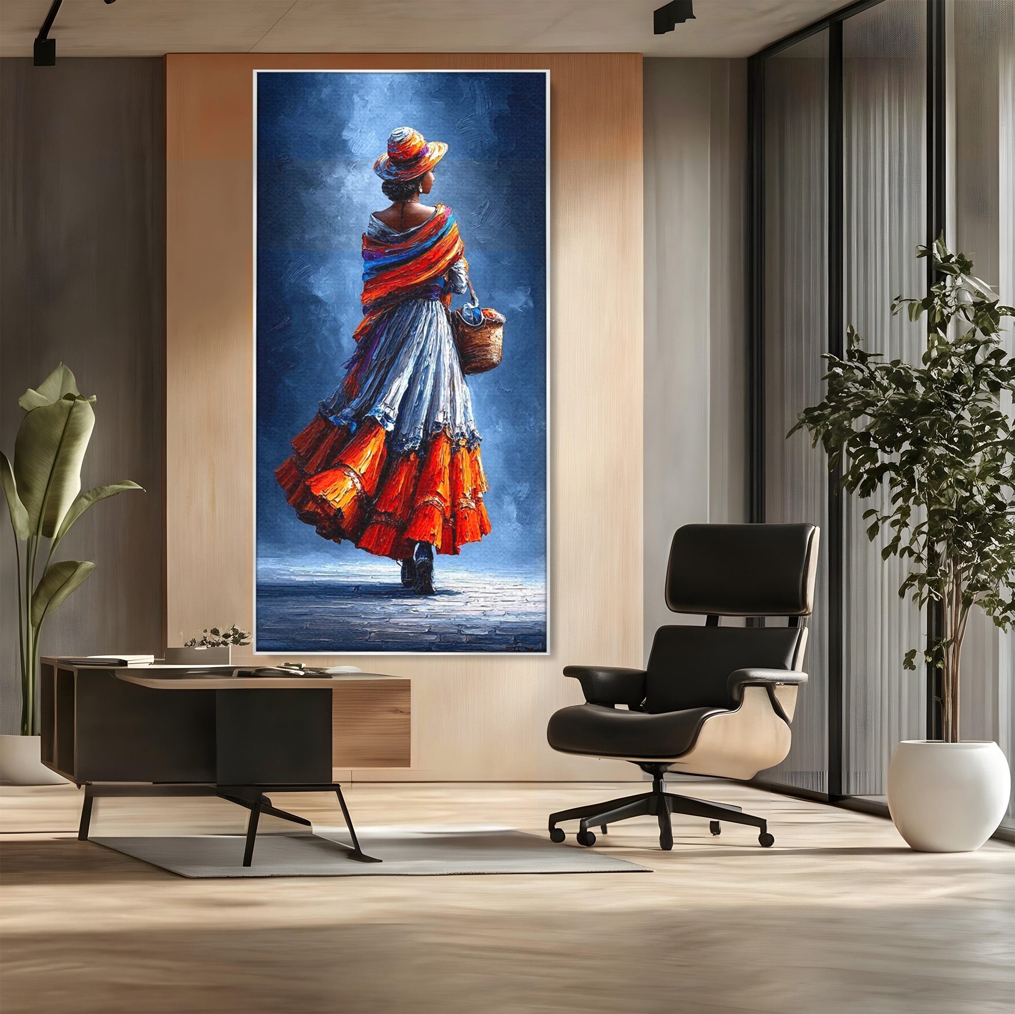 Tablou Canvas Premium LuxCanva® PI1012, Femeie In Rochie Colorata, Plimbare, Rochie, Cos, Arta, Portret, Living, Culori Vibrante
