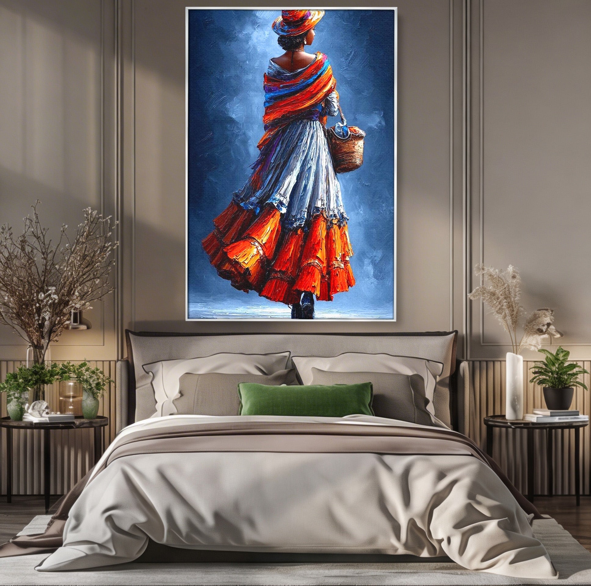 Tablou Canvas Premium LuxCanva® PI1012, Femeie In Rochie Colorata, Plimbare, Rochie, Cos, Arta, Portret, Living, Culori Vibrante