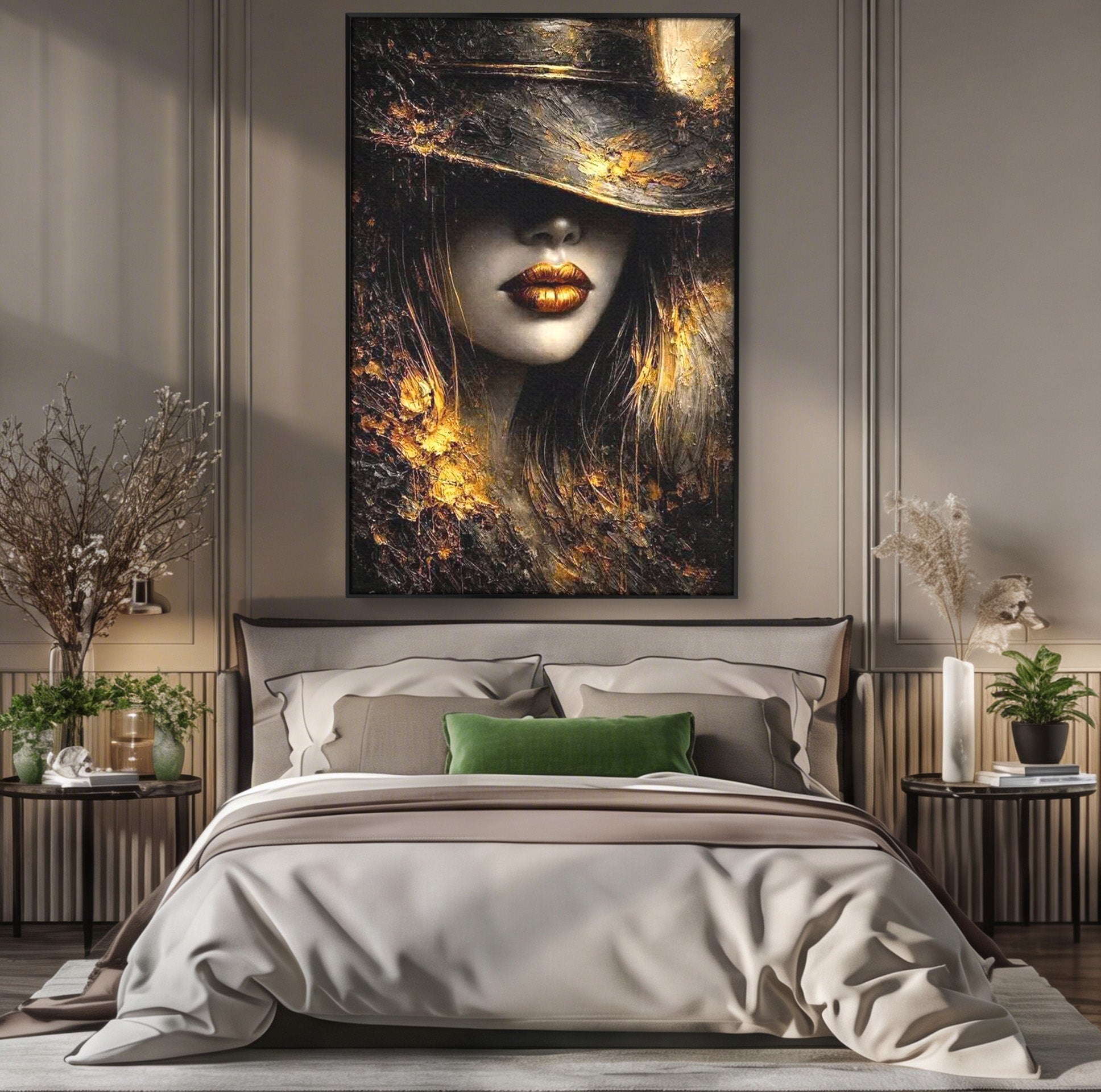 Tablou Canvas Premium LuxCanva® PI1015, Misterul Aurului, Mister, Femeie, Portret, Eleganta, Dormitor, Culori Vibrante