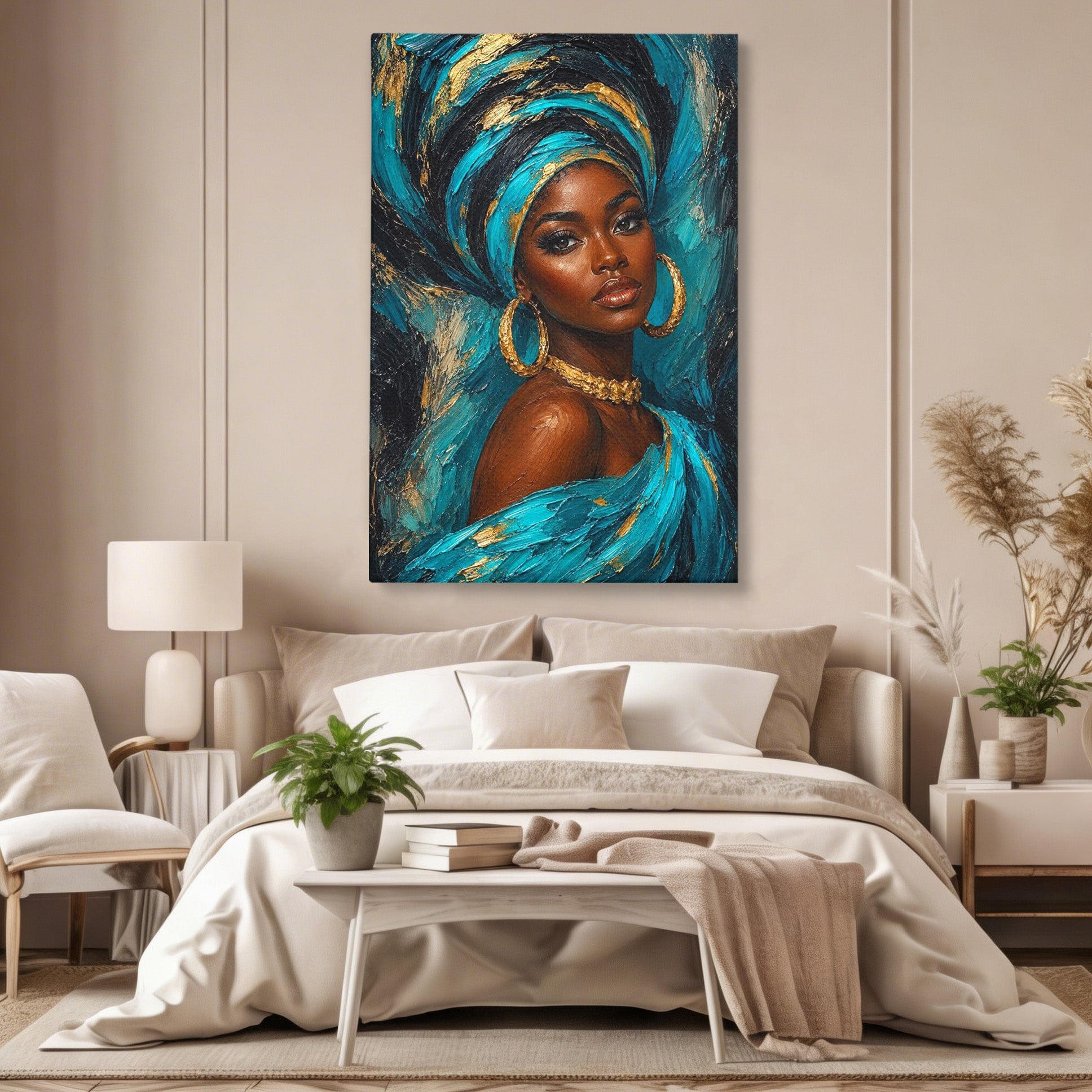 Tablou Canvas Premium LuxCanva® PI1016, Eleganta Africana, Portret, Femeie, Eleganta, Turban, Dormitor, Living, Culori Vibrante