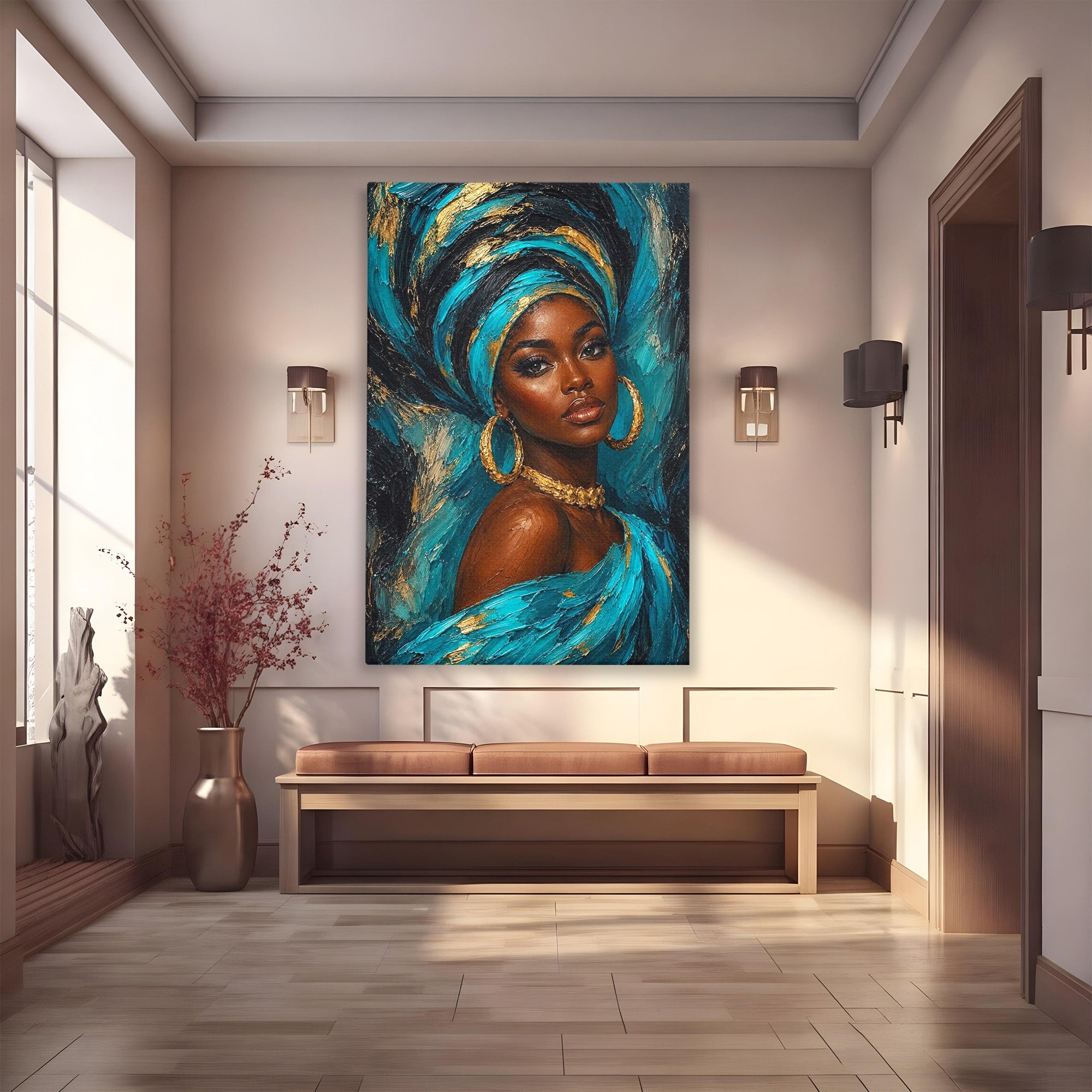 Tablou Canvas Premium LuxCanva® PI1016, Eleganta Africana, Portret, Femeie, Eleganta, Turban, Dormitor, Living, Culori Vibrante