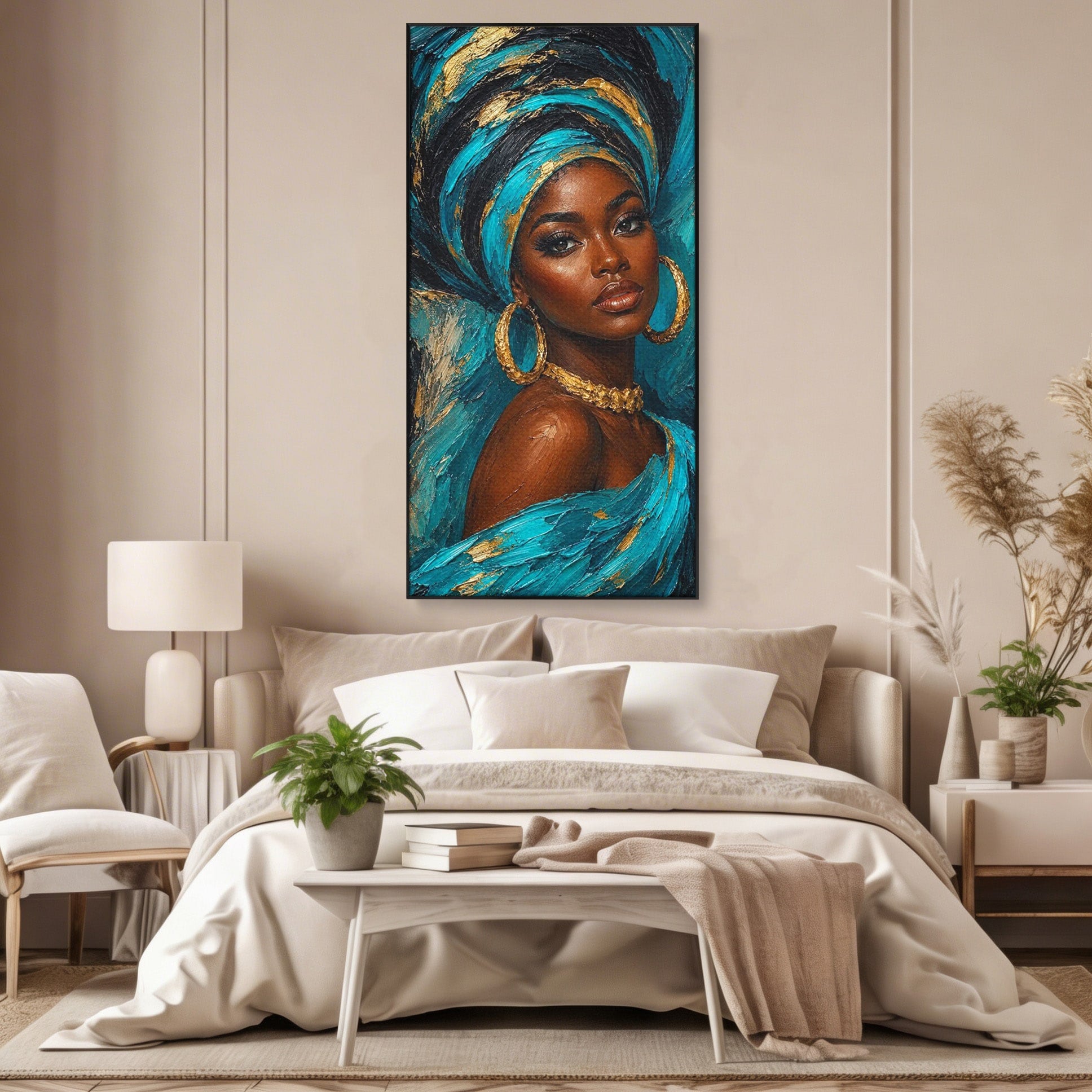 Tablou Canvas Premium LuxCanva® PI1016, Eleganta Africana, Portret, Femeie, Eleganta, Turban, Dormitor, Living, Culori Vibrante