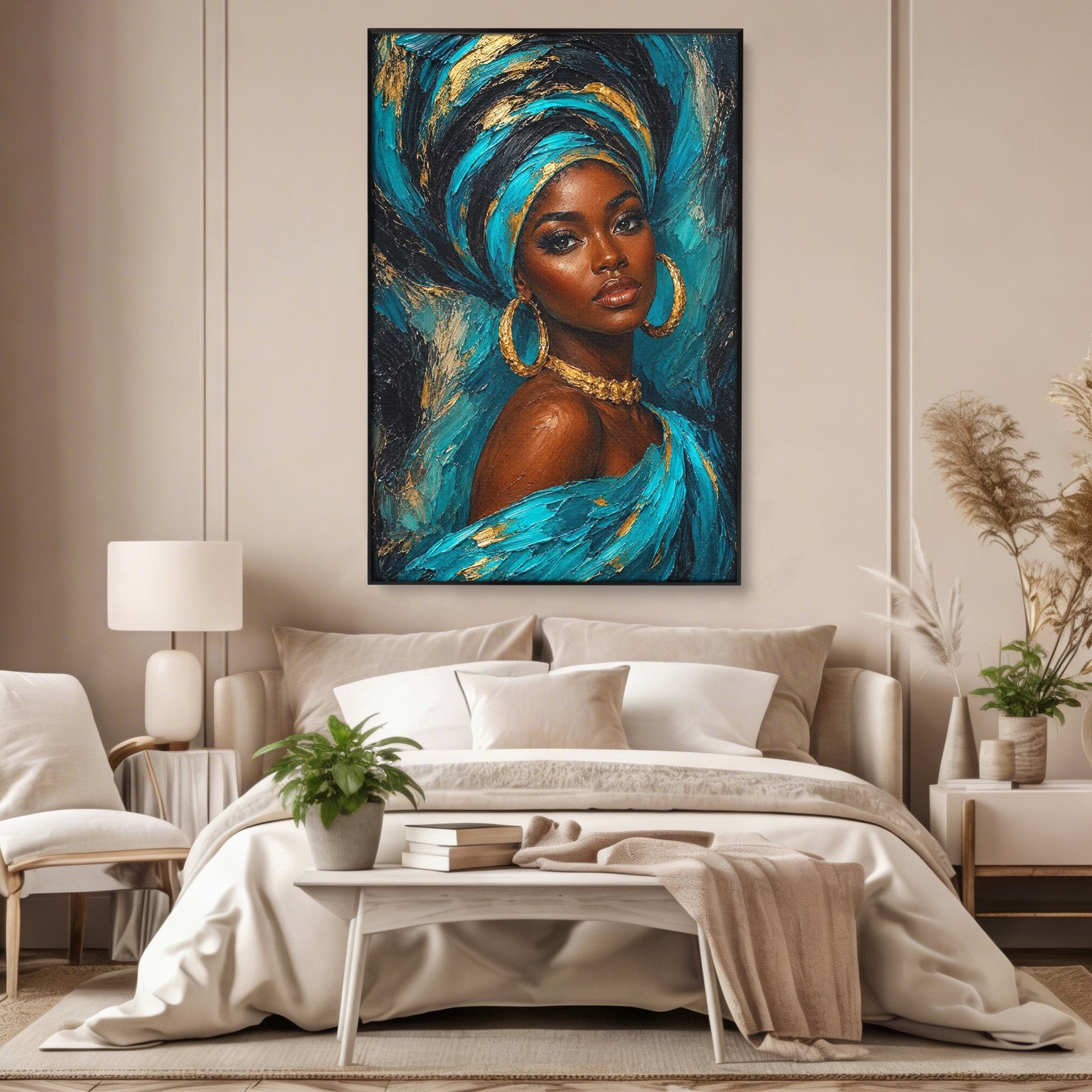 Tablou Canvas Premium LuxCanva® PI1016, Eleganta Africana, Portret, Femeie, Eleganta, Turban, Dormitor, Living, Culori Vibrante