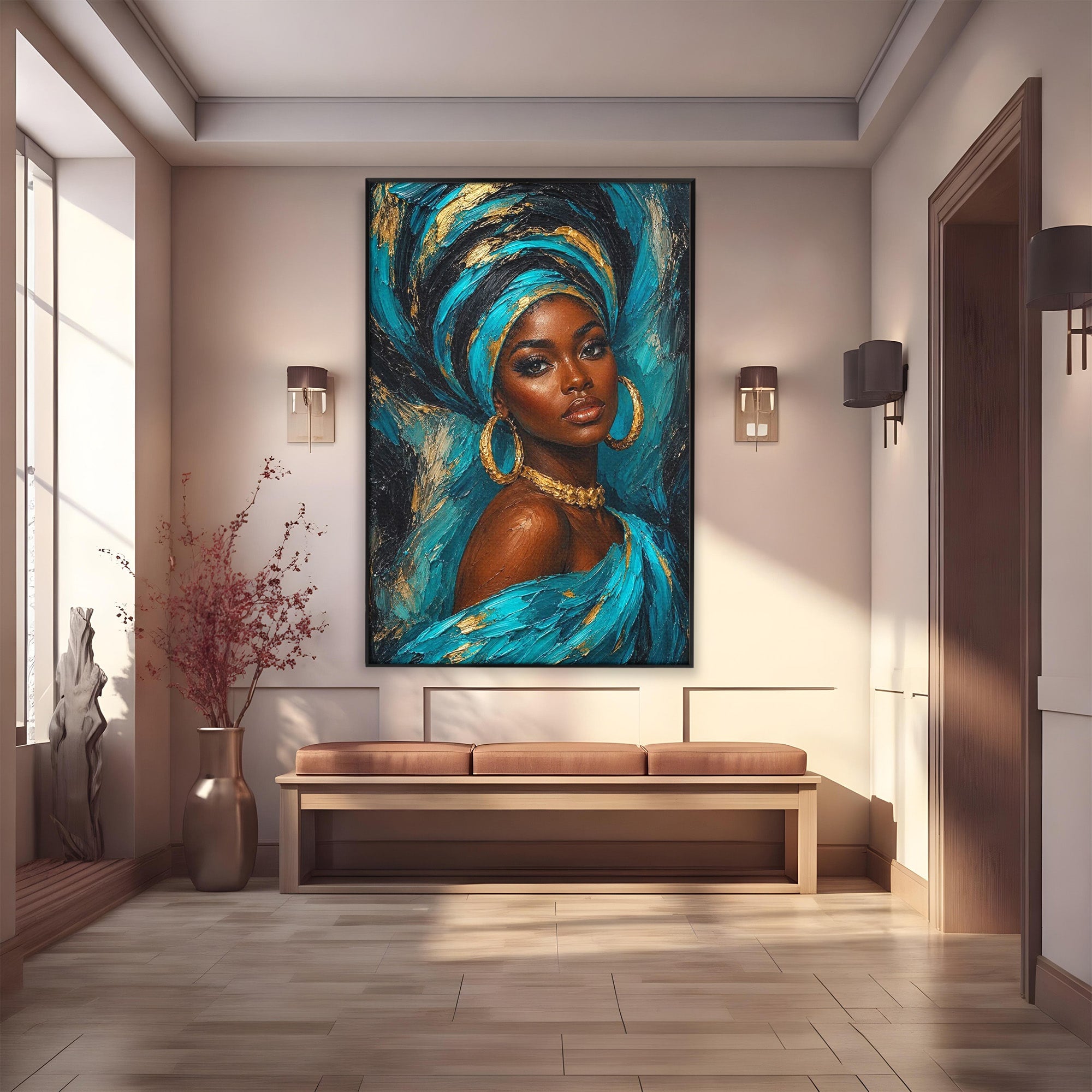 Tablou Canvas Premium LuxCanva® PI1016, Eleganta Africana, Portret, Femeie, Eleganta, Turban, Dormitor, Living, Culori Vibrante