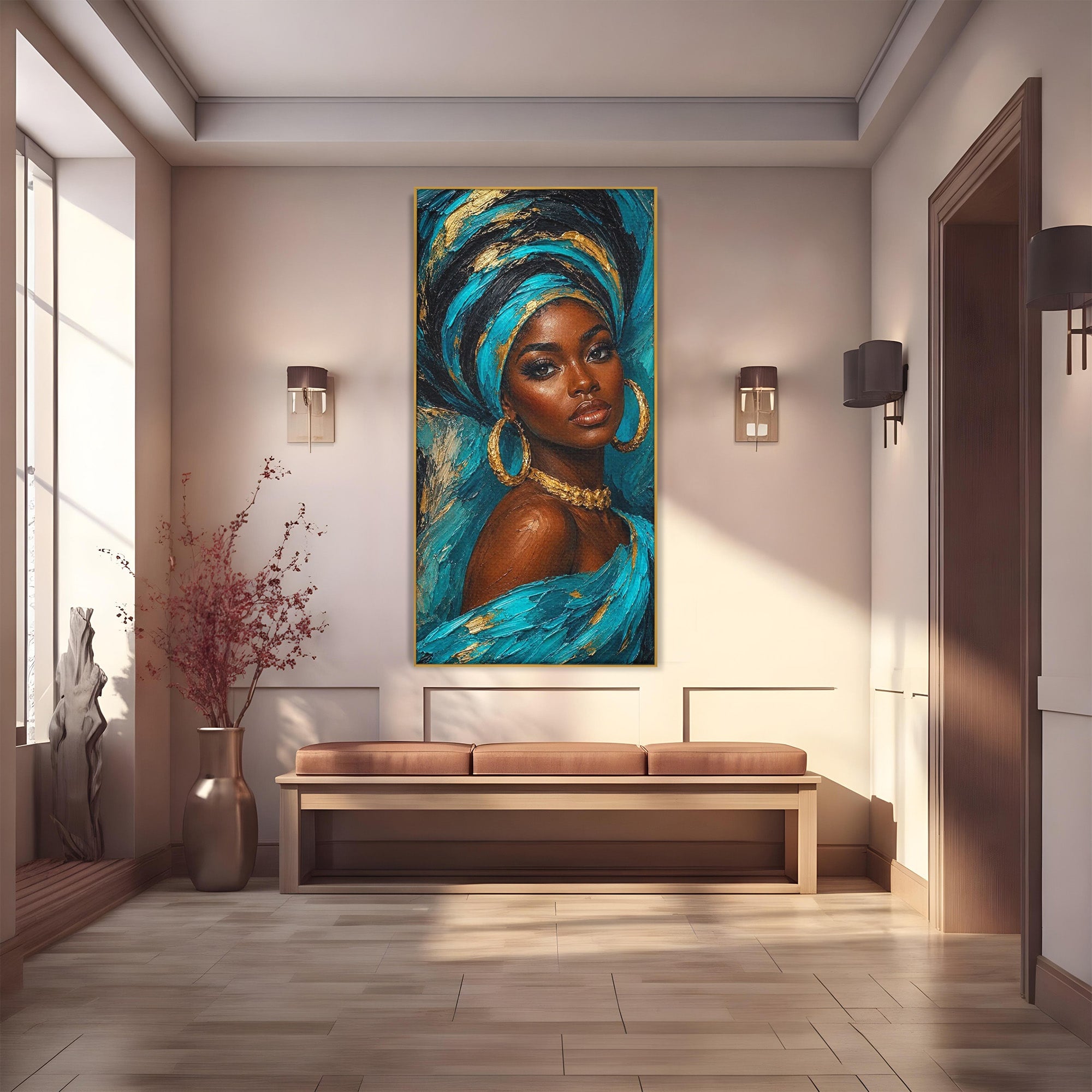 Tablou Canvas Premium LuxCanva® PI1016, Eleganta Africana, Portret, Femeie, Eleganta, Turban, Dormitor, Living, Culori Vibrante