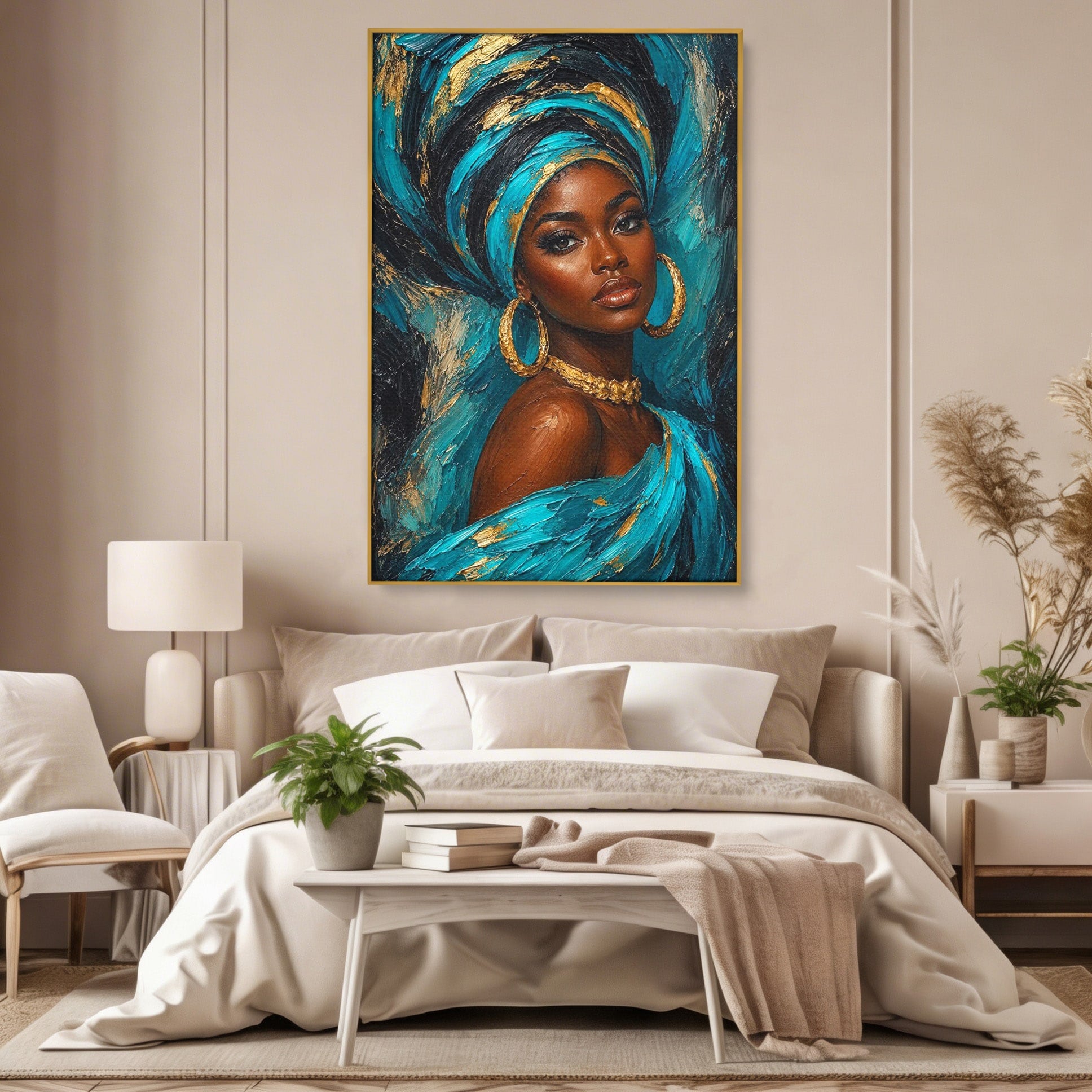 Tablou Canvas Premium LuxCanva® PI1016, Eleganta Africana, Portret, Femeie, Eleganta, Turban, Dormitor, Living, Culori Vibrante