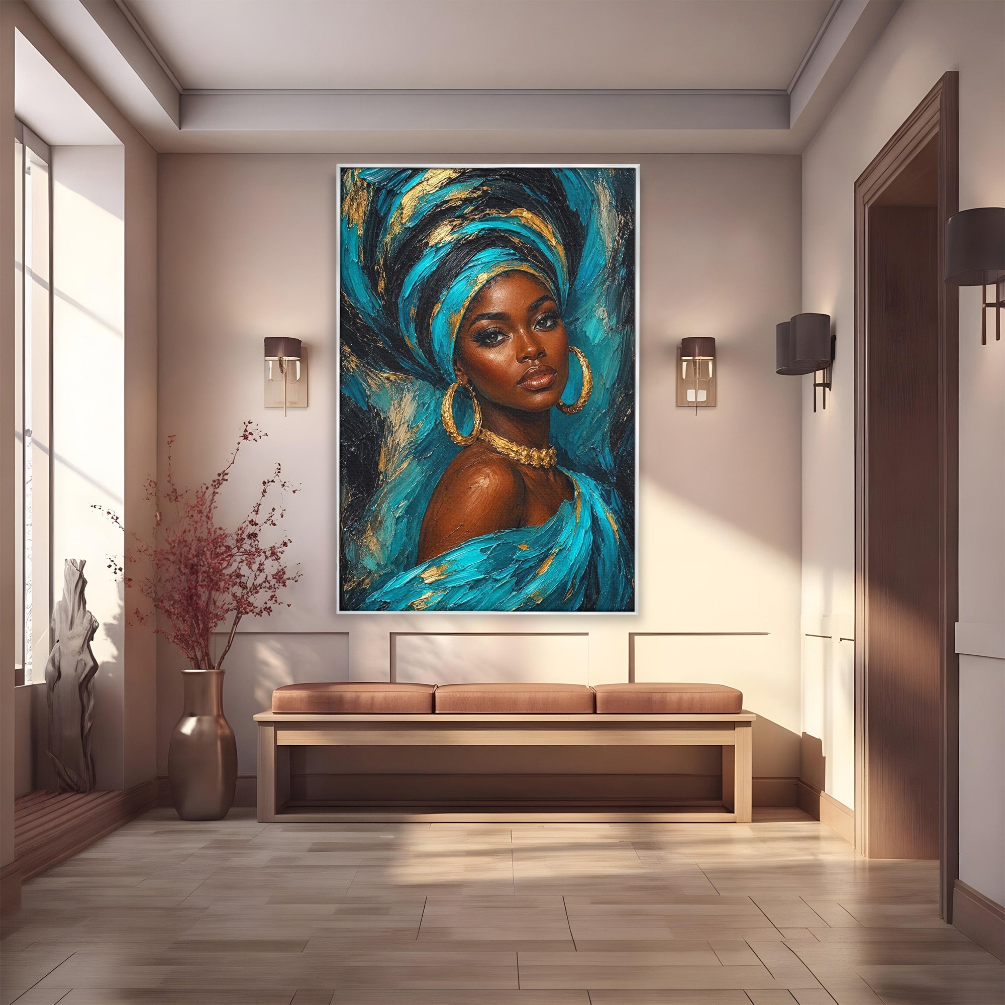 Tablou Canvas Premium LuxCanva® PI1016, Eleganta Africana, Portret, Femeie, Eleganta, Turban, Dormitor, Living, Culori Vibrante