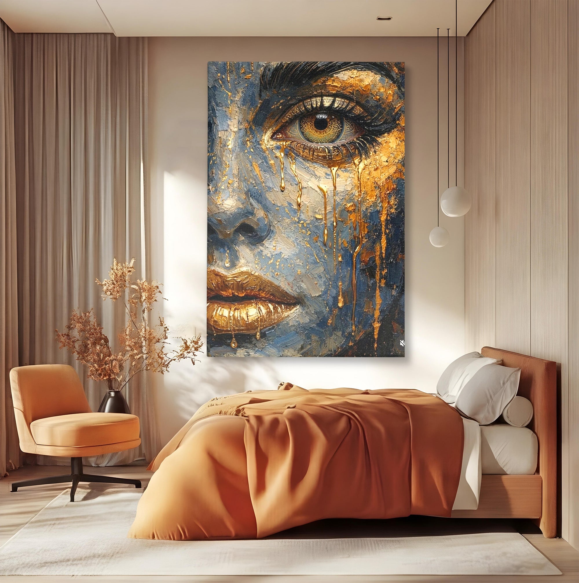 Tablou Canvas Premium LuxCanva® PI1017, Chipul De Aur, Portret, Abstract, Emotiv, Arta Contemporana, Living, Dormitor, Culori Vibrante