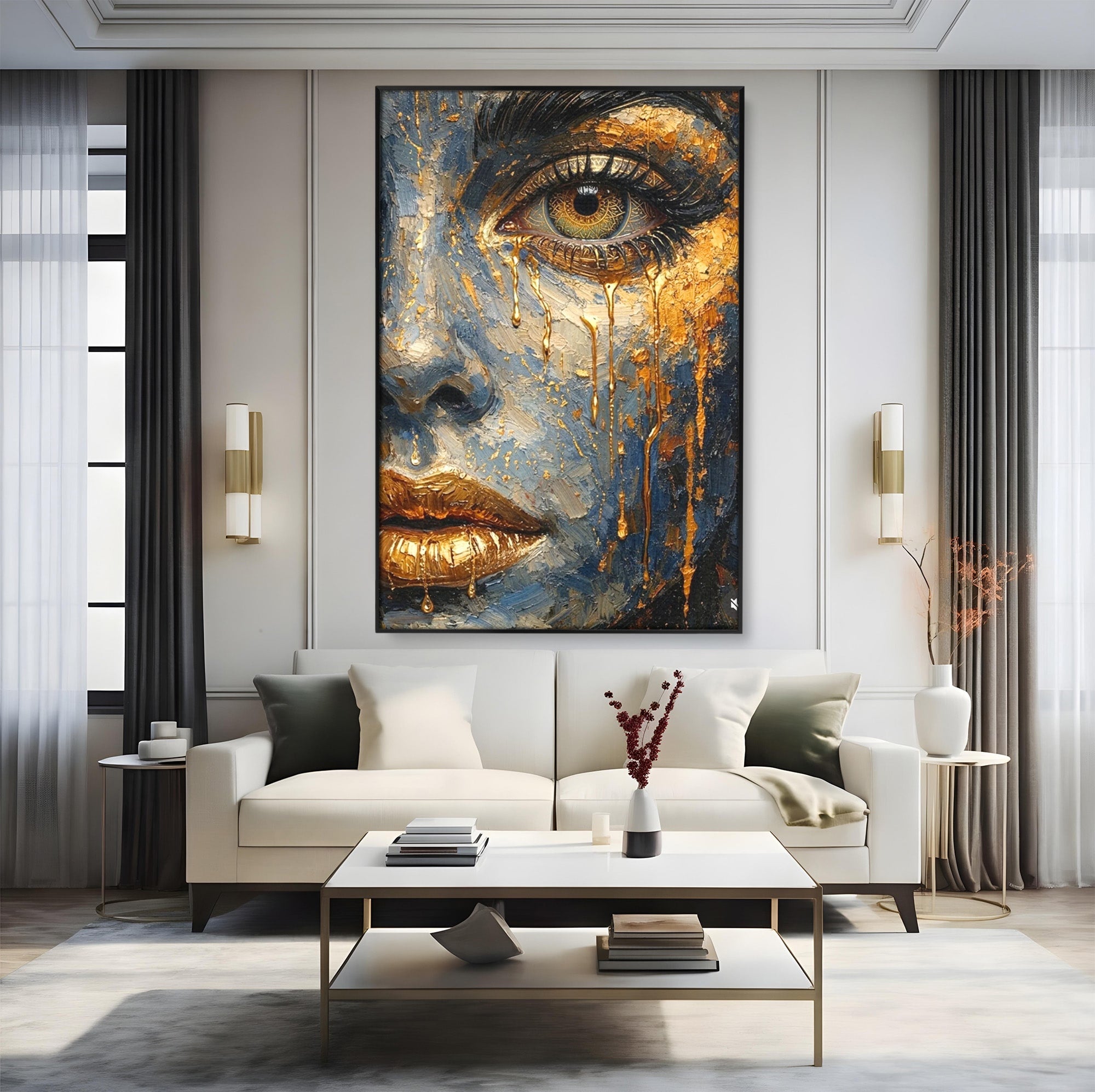 Tablou Canvas Premium LuxCanva® PI1017, Chipul De Aur, Portret, Abstract, Emotiv, Arta Contemporana, Living, Dormitor, Culori Vibrante