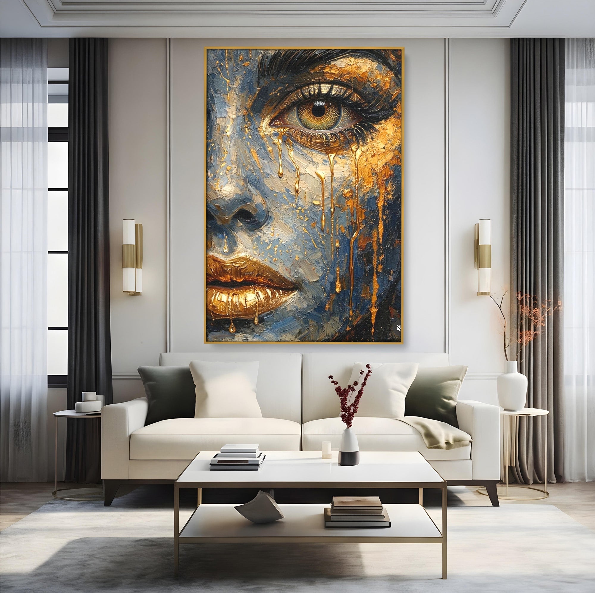 Tablou Canvas Premium LuxCanva® PI1017, Chipul De Aur, Portret, Abstract, Emotiv, Arta Contemporana, Living, Dormitor, Culori Vibrante