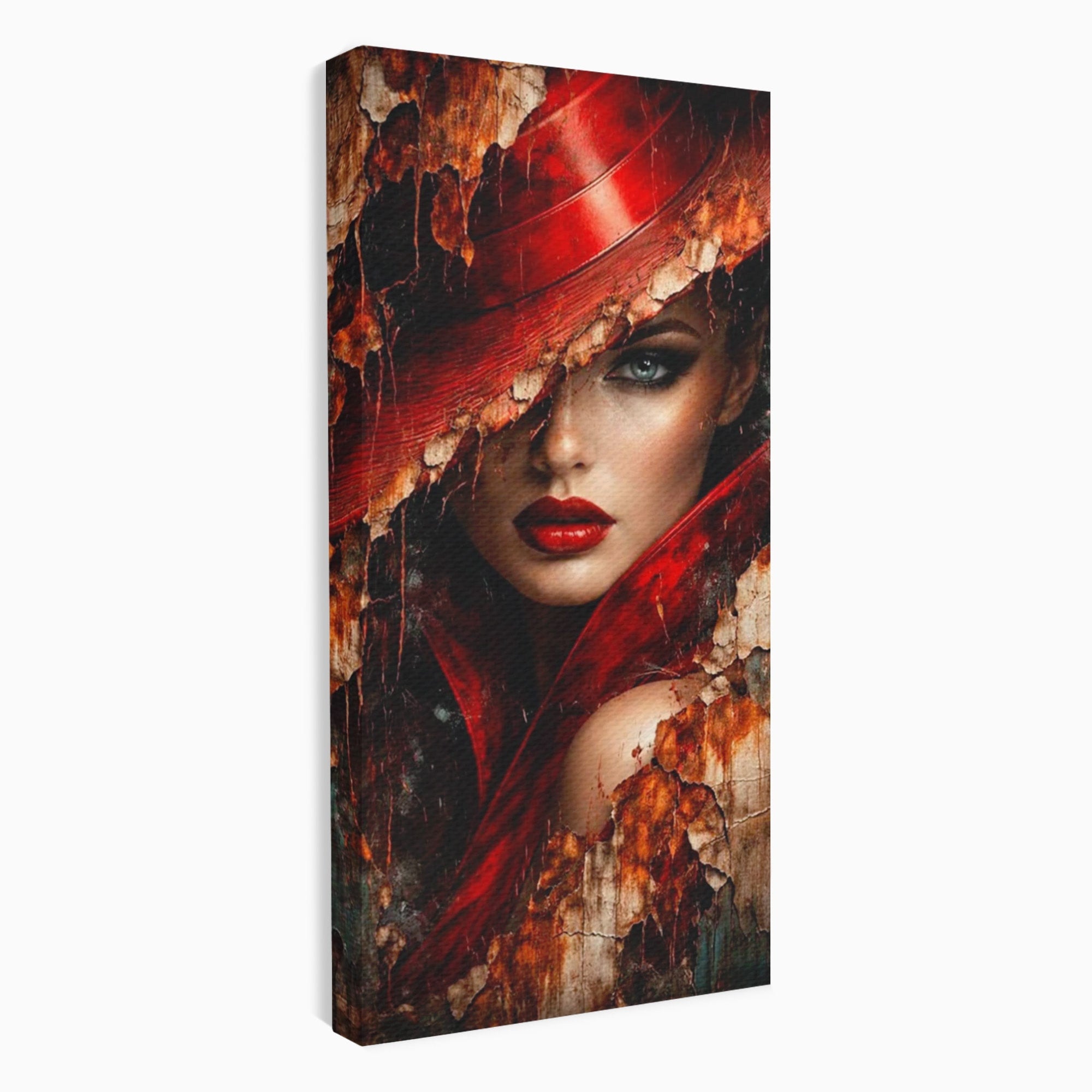 Tablou Canvas Premium LuxCanva® PI1018, Femeie Misterioasa, Portret, Rosu, Femeie, Mister, Arta, Living, Dormitor, Culori Vibrante