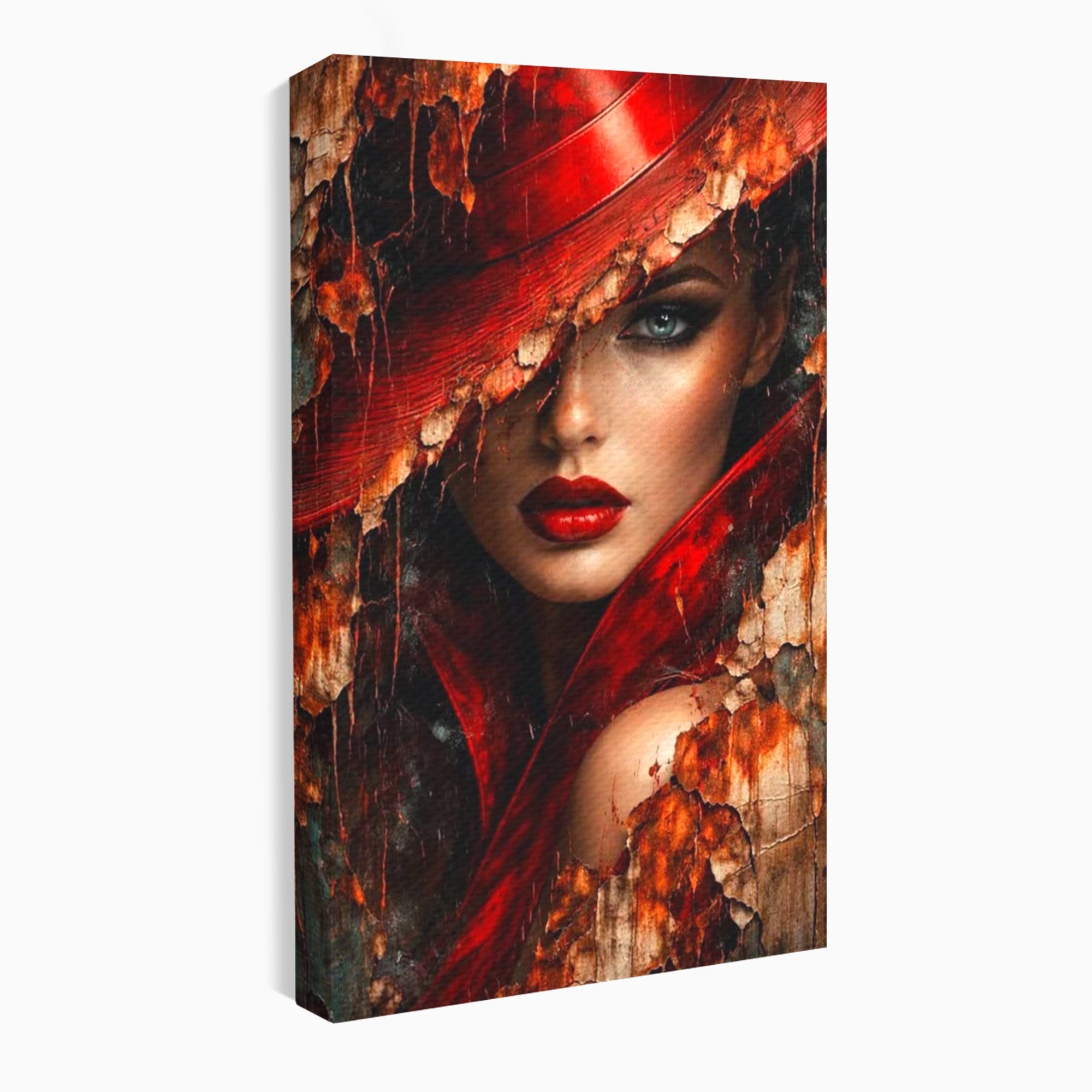 Tablou Canvas Premium LuxCanva® PI1018, Femeie Misterioasa, Portret, Rosu, Femeie, Mister, Arta, Living, Dormitor, Culori Vibrante