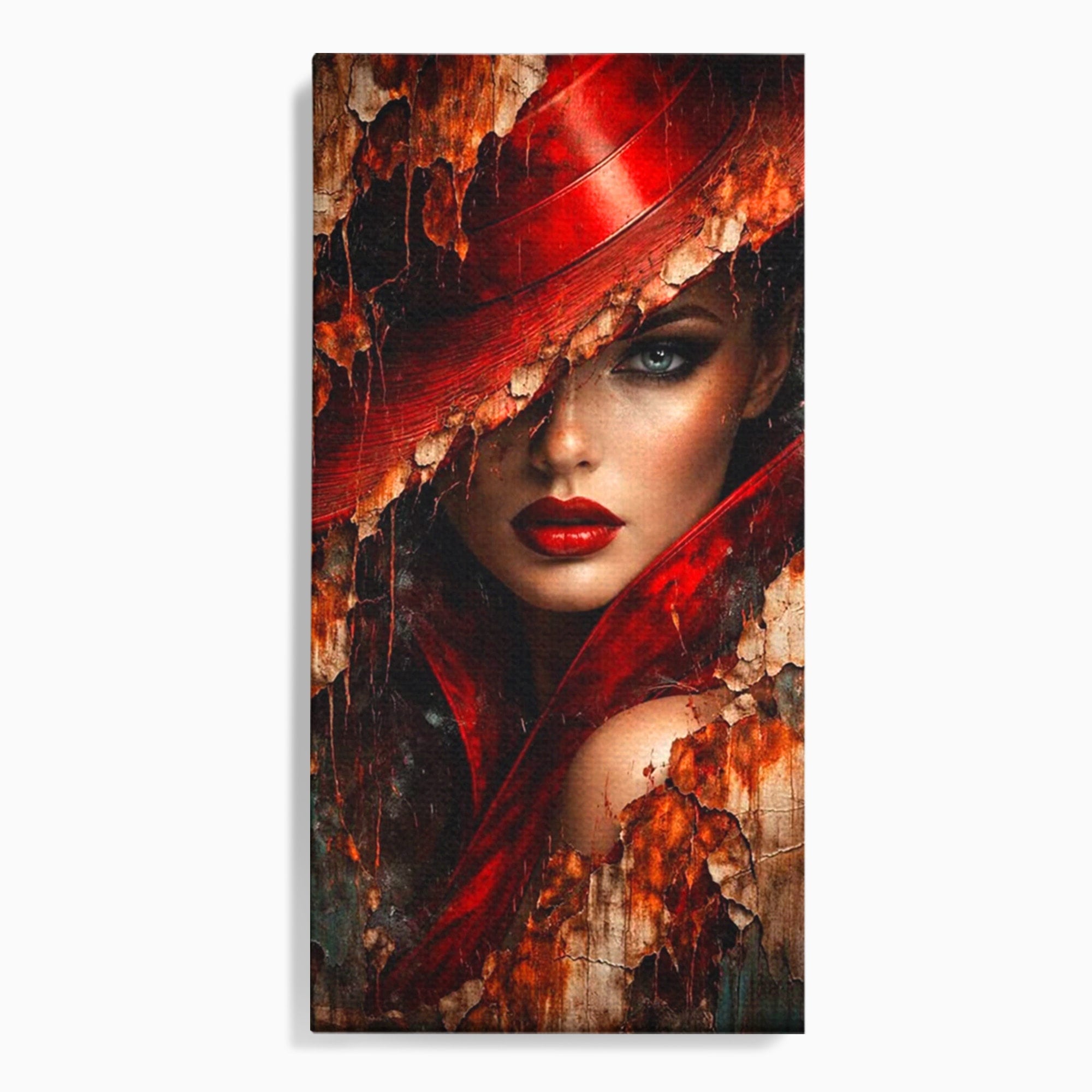 Tablou Canvas Premium LuxCanva® PI1018, Femeie Misterioasa, Portret, Rosu, Femeie, Mister, Arta, Living, Dormitor, Culori Vibrante