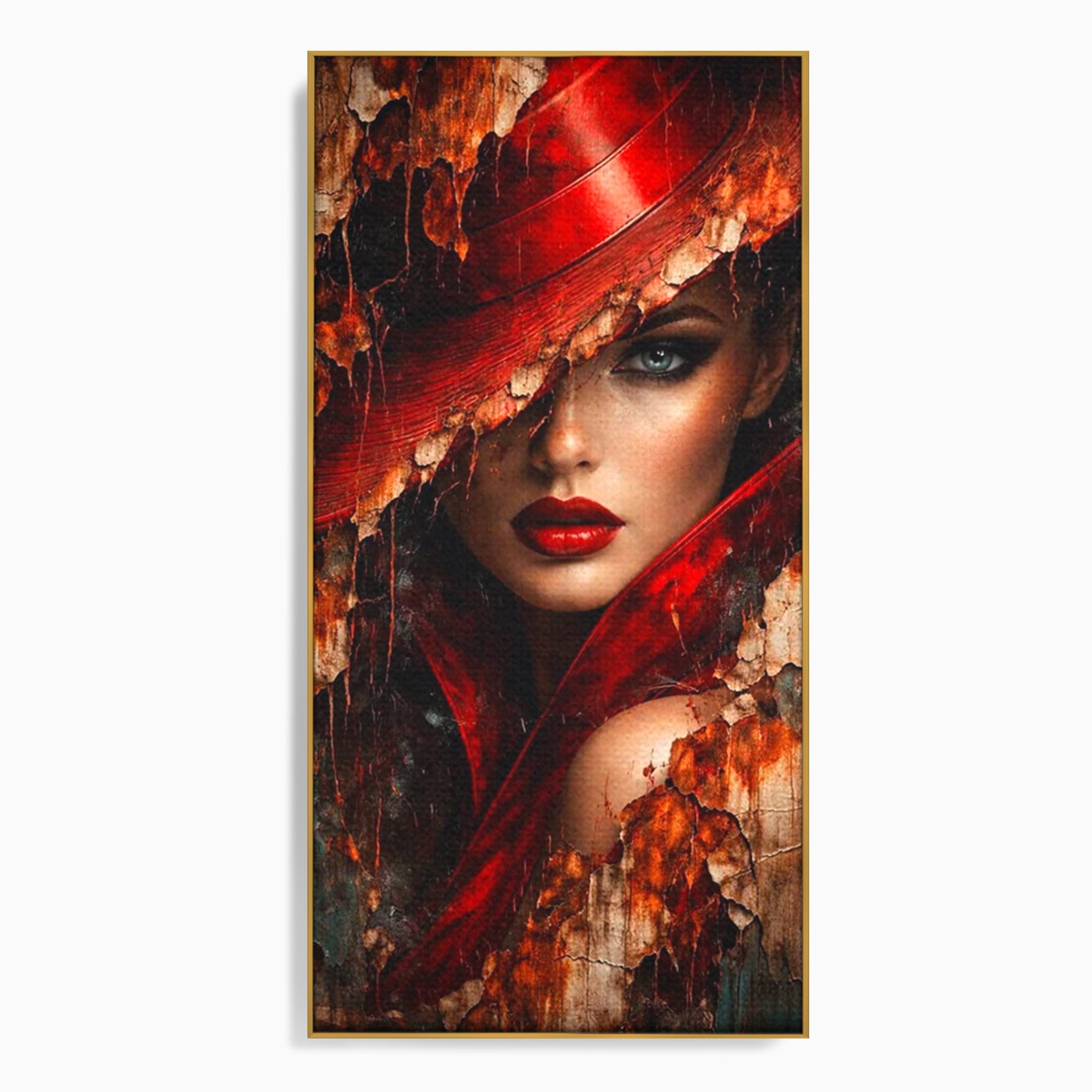 Tablou Canvas Premium LuxCanva® PI1018, Femeie Misterioasa, Portret, Rosu, Femeie, Mister, Arta, Living, Dormitor, Culori Vibrante