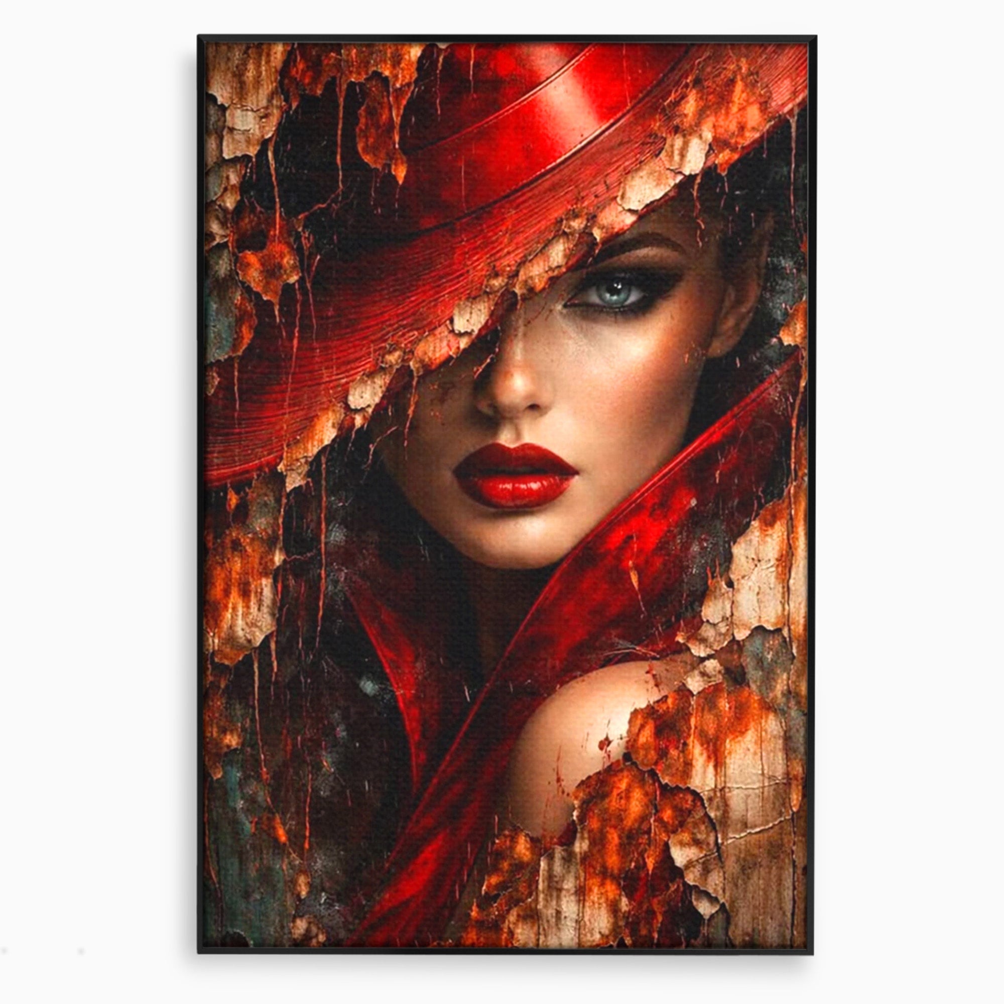 Tablou Canvas Premium LuxCanva® PI1018, Femeie Misterioasa, Portret, Rosu, Femeie, Mister, Arta, Living, Dormitor, Culori Vibrante