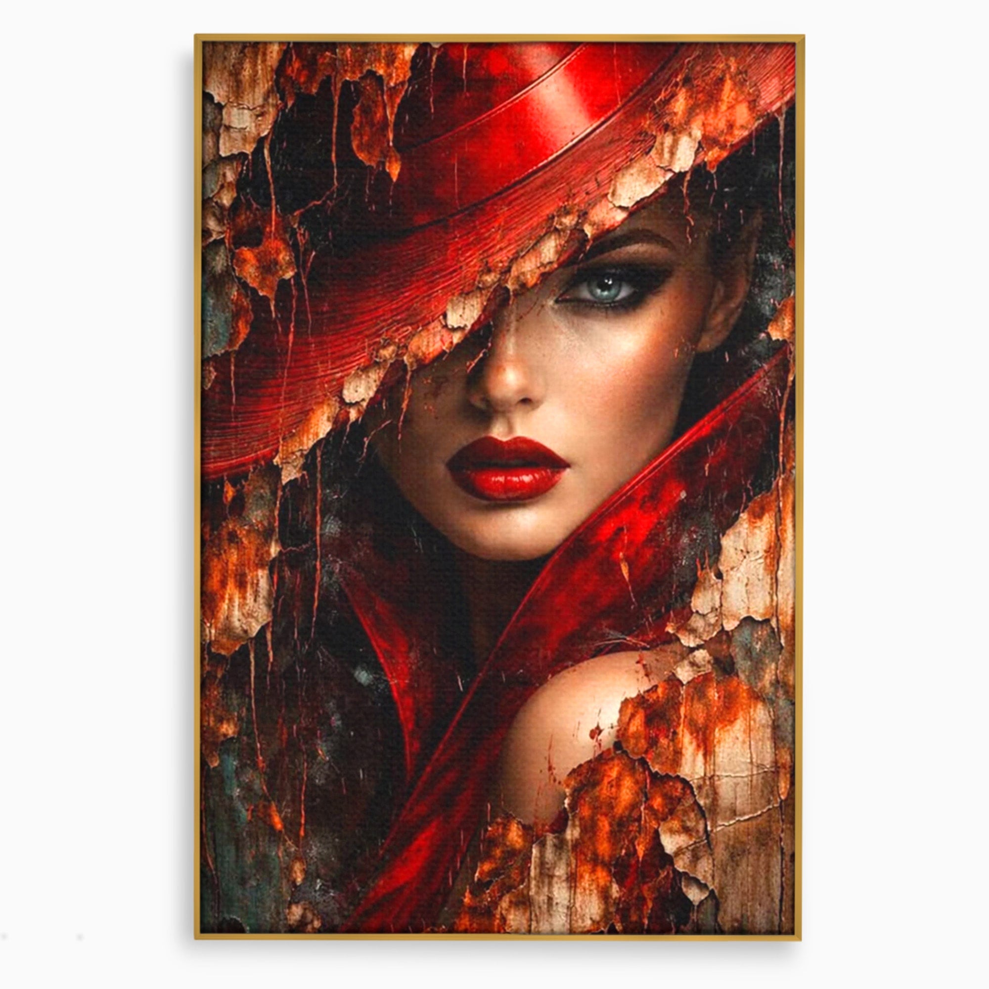 Tablou Canvas Premium LuxCanva® PI1018, Femeie Misterioasa, Portret, Rosu, Femeie, Mister, Arta, Living, Dormitor, Culori Vibrante