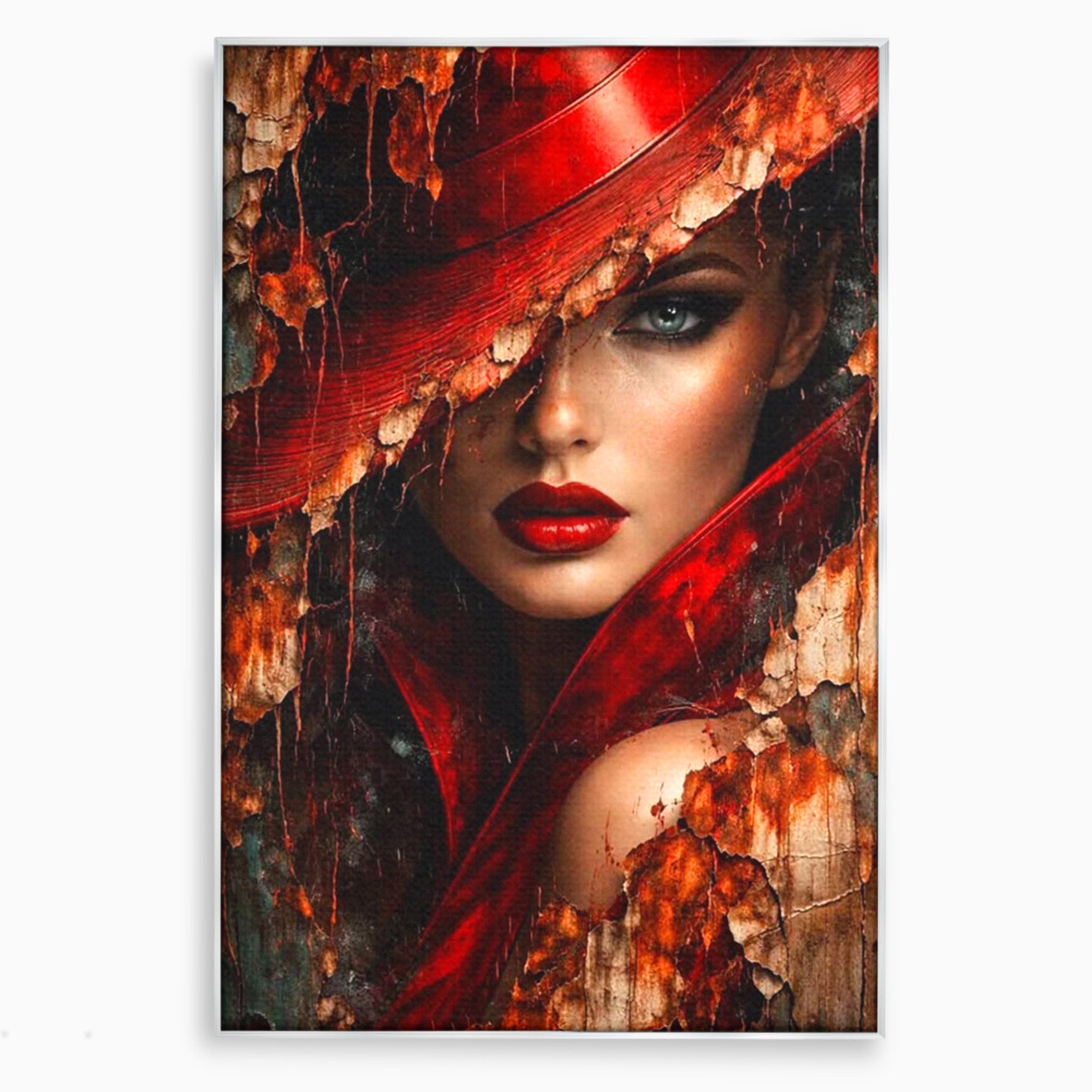 Tablou Canvas Premium LuxCanva® PI1018, Femeie Misterioasa, Portret, Rosu, Femeie, Mister, Arta, Living, Dormitor, Culori Vibrante