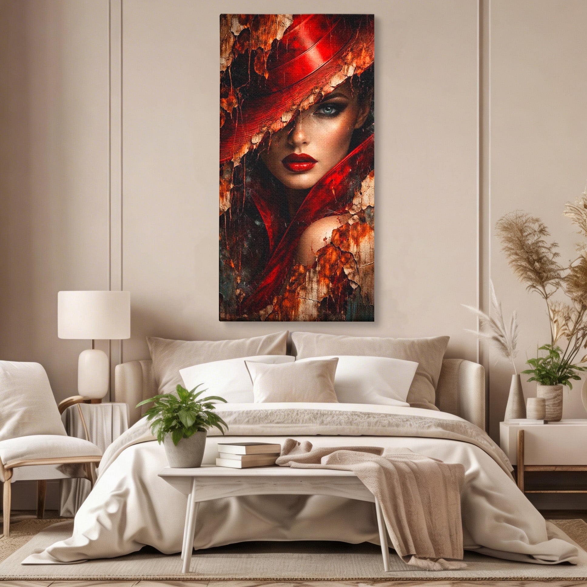 Tablou Canvas Premium LuxCanva® PI1018, Femeie Misterioasa, Portret, Rosu, Femeie, Mister, Arta, Living, Dormitor, Culori Vibrante