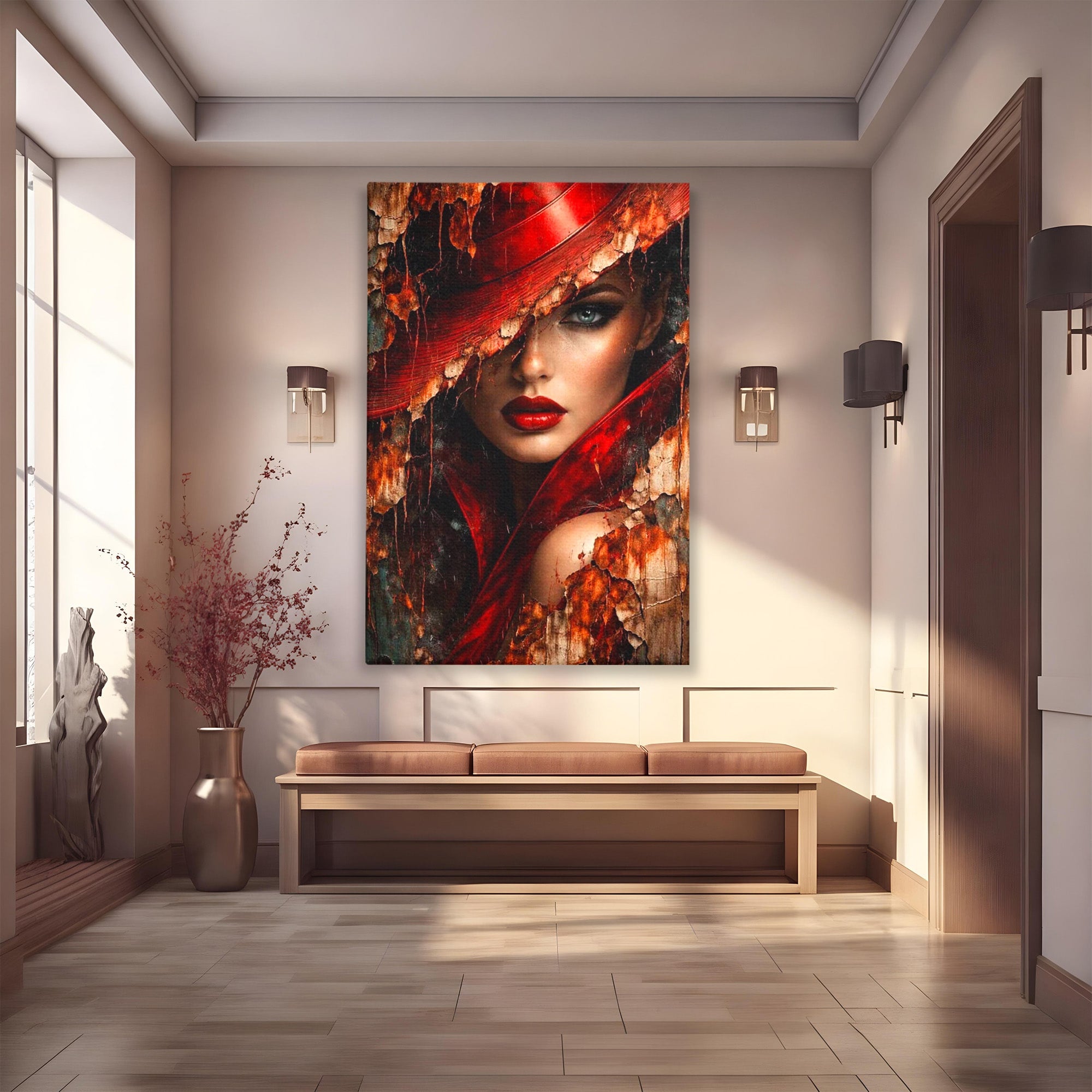 Tablou Canvas Premium LuxCanva® PI1018, Femeie Misterioasa, Portret, Rosu, Femeie, Mister, Arta, Living, Dormitor, Culori Vibrante