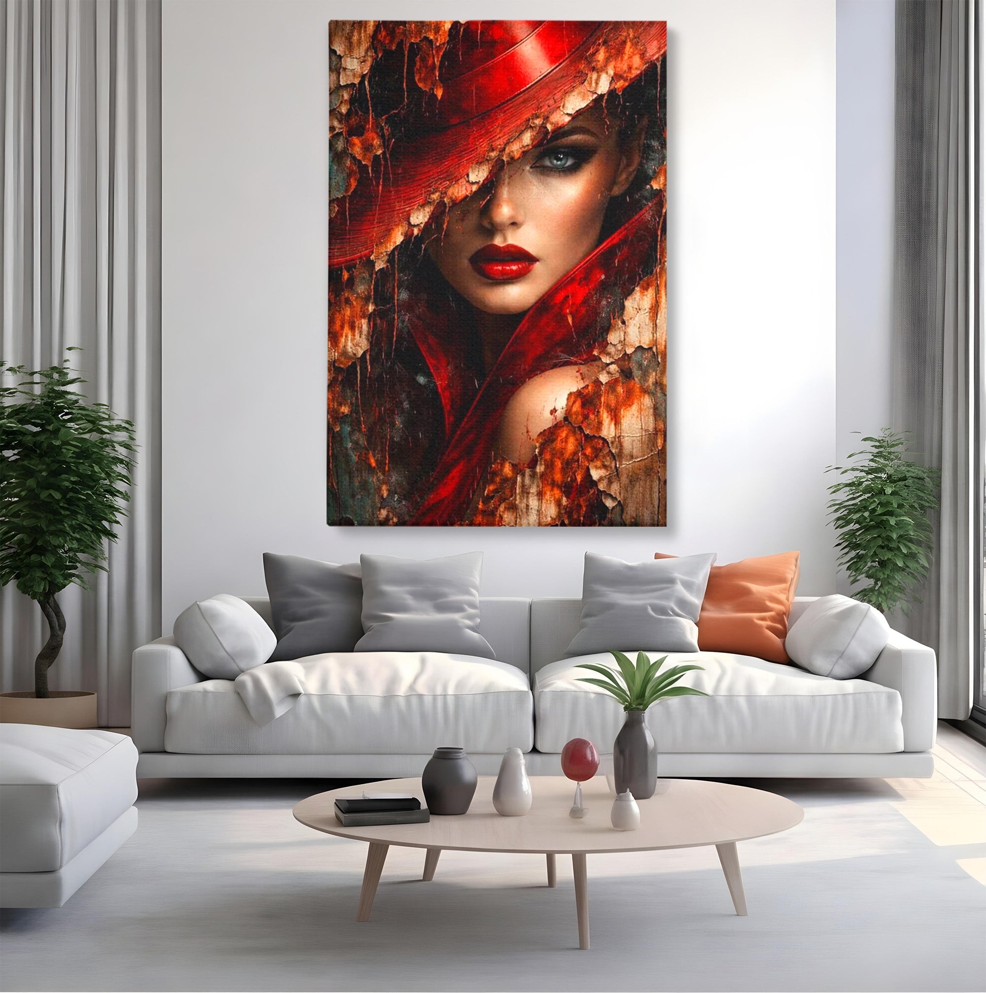 Tablou Canvas Premium LuxCanva® PI1018, Femeie Misterioasa, Portret, Rosu, Femeie, Mister, Arta, Living, Dormitor, Culori Vibrante