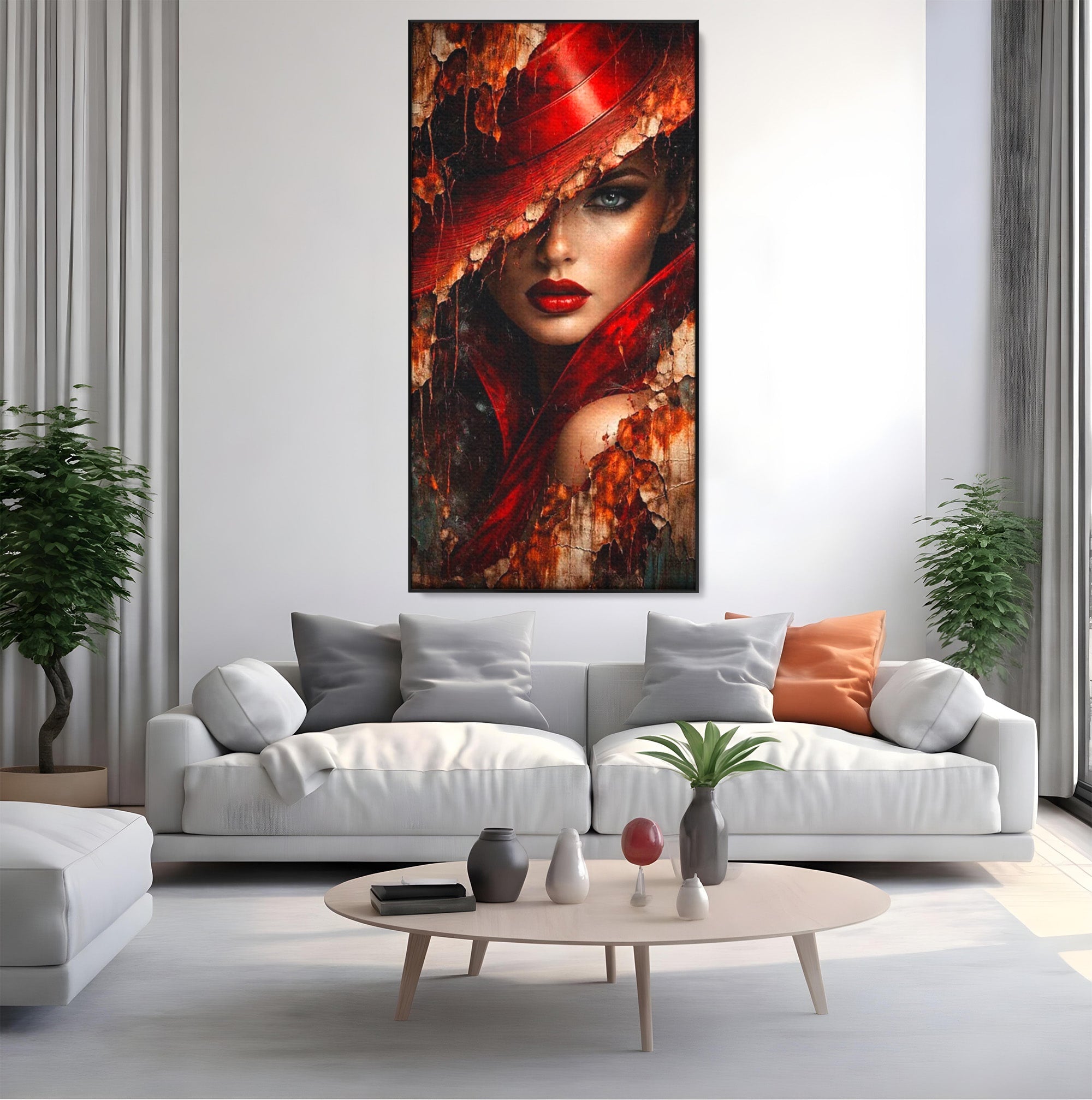 Tablou Canvas Premium LuxCanva® PI1018, Femeie Misterioasa, Portret, Rosu, Femeie, Mister, Arta, Living, Dormitor, Culori Vibrante