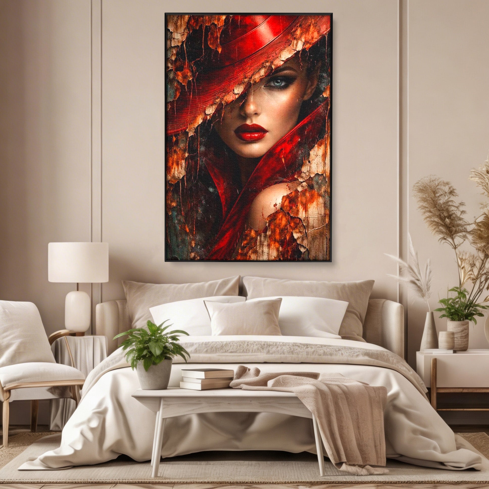 Tablou Canvas Premium LuxCanva® PI1018, Femeie Misterioasa, Portret, Rosu, Femeie, Mister, Arta, Living, Dormitor, Culori Vibrante