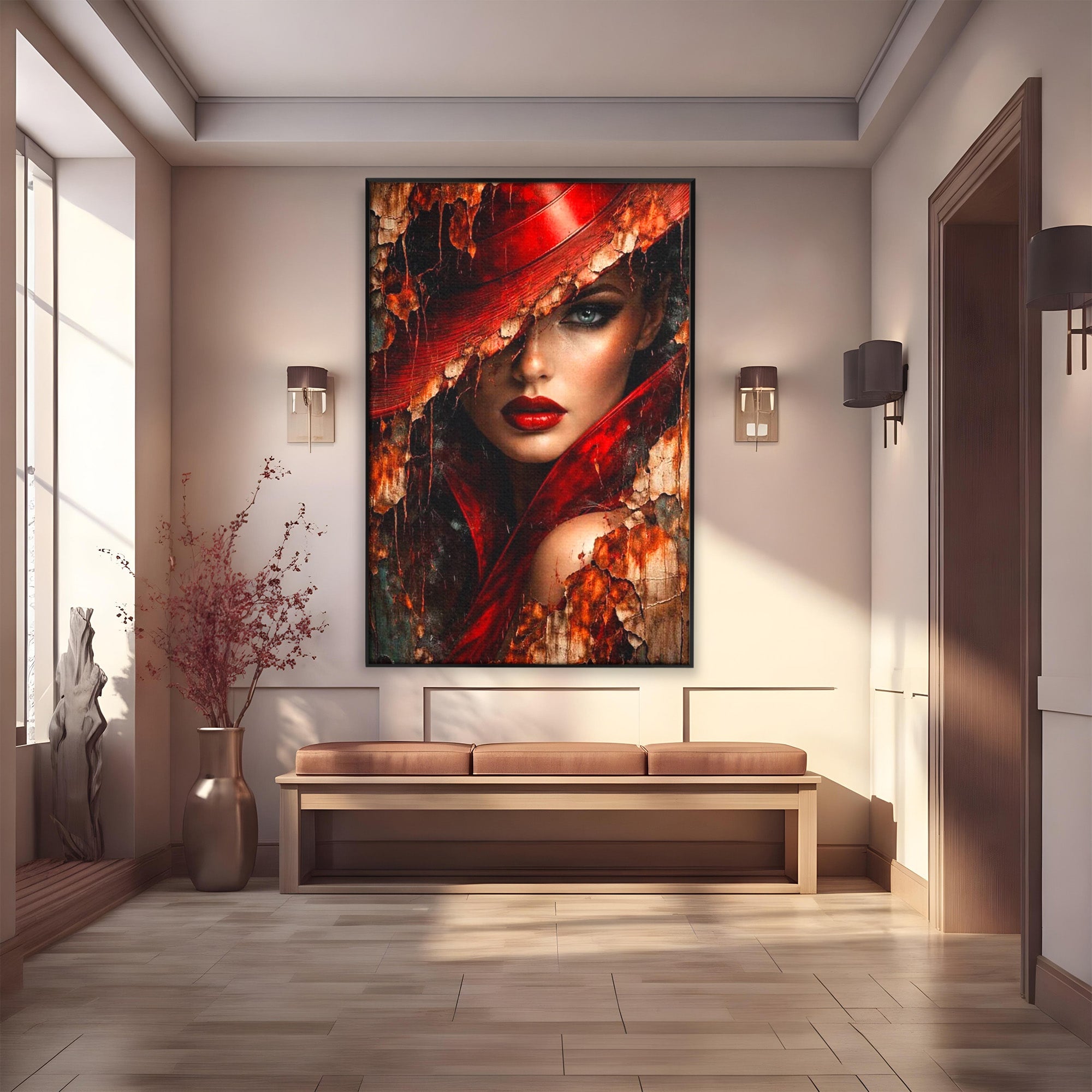 Tablou Canvas Premium LuxCanva® PI1018, Femeie Misterioasa, Portret, Rosu, Femeie, Mister, Arta, Living, Dormitor, Culori Vibrante