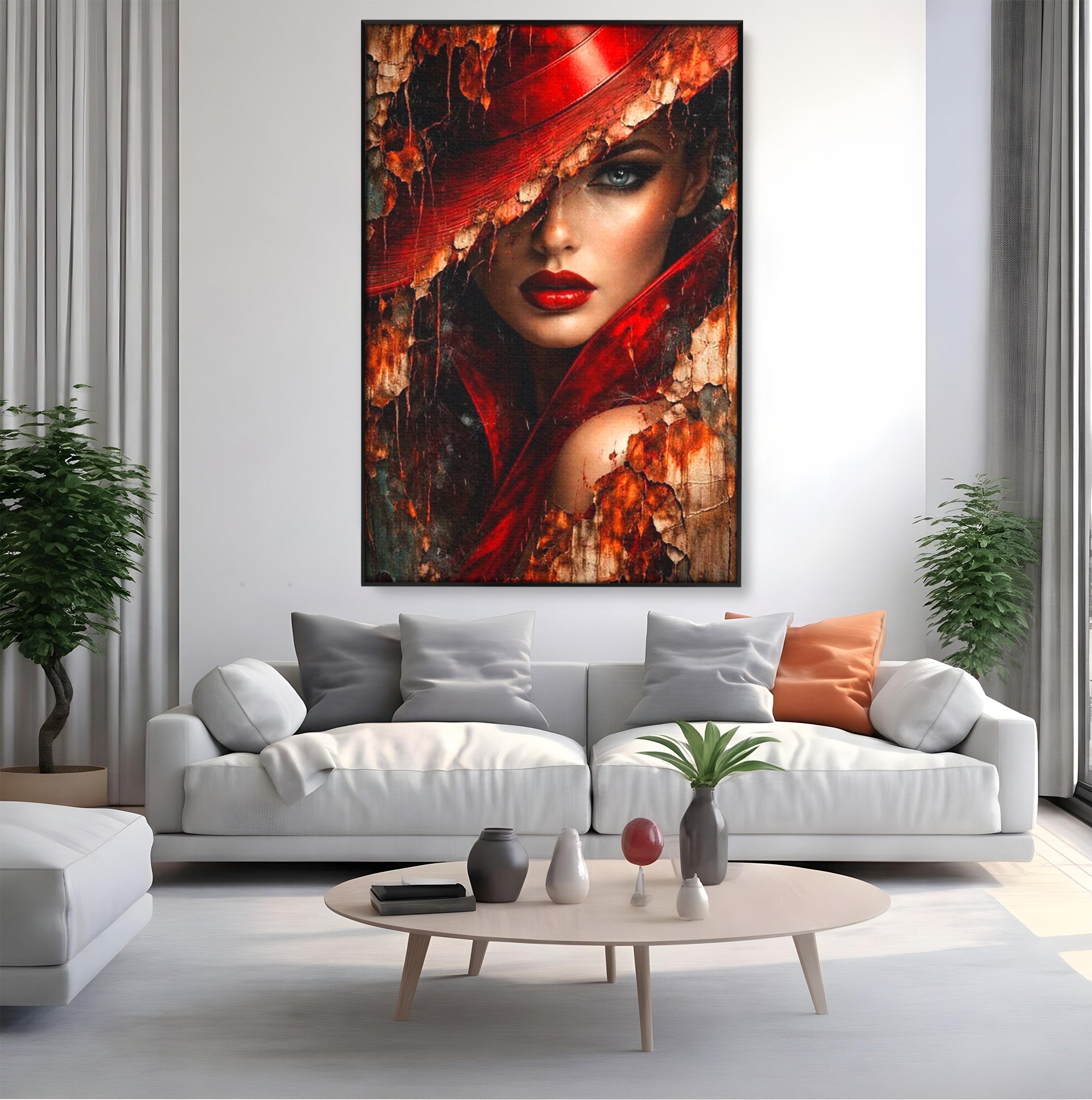 Tablou Canvas Premium LuxCanva® PI1018, Femeie Misterioasa, Portret, Rosu, Femeie, Mister, Arta, Living, Dormitor, Culori Vibrante