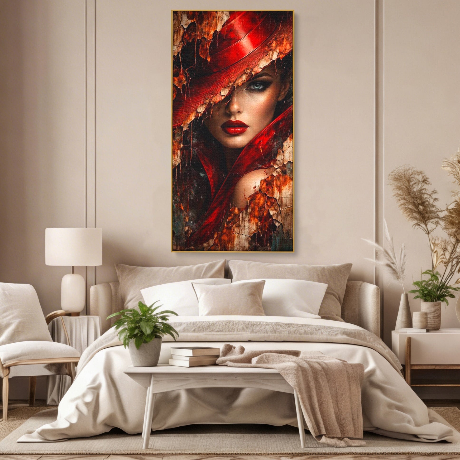 Tablou Canvas Premium LuxCanva® PI1018, Femeie Misterioasa, Portret, Rosu, Femeie, Mister, Arta, Living, Dormitor, Culori Vibrante