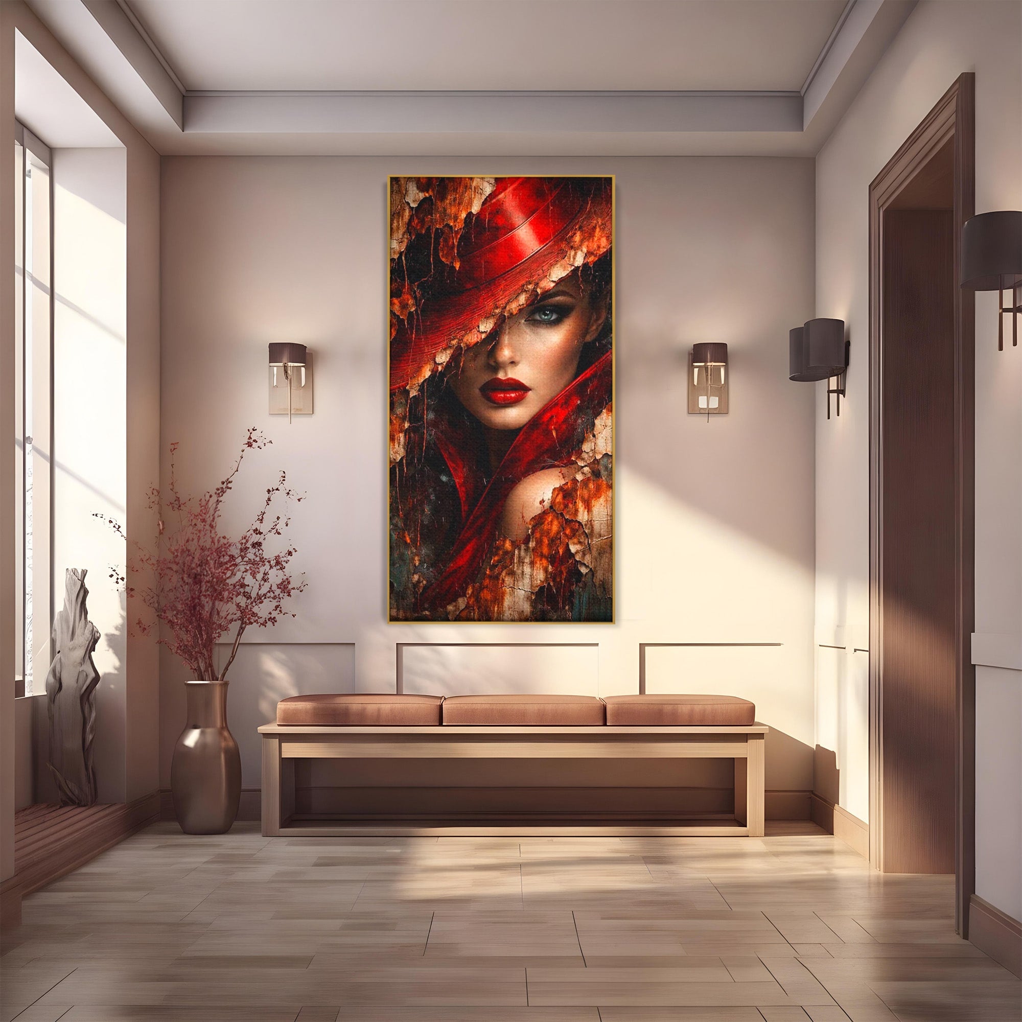 Tablou Canvas Premium LuxCanva® PI1018, Femeie Misterioasa, Portret, Rosu, Femeie, Mister, Arta, Living, Dormitor, Culori Vibrante