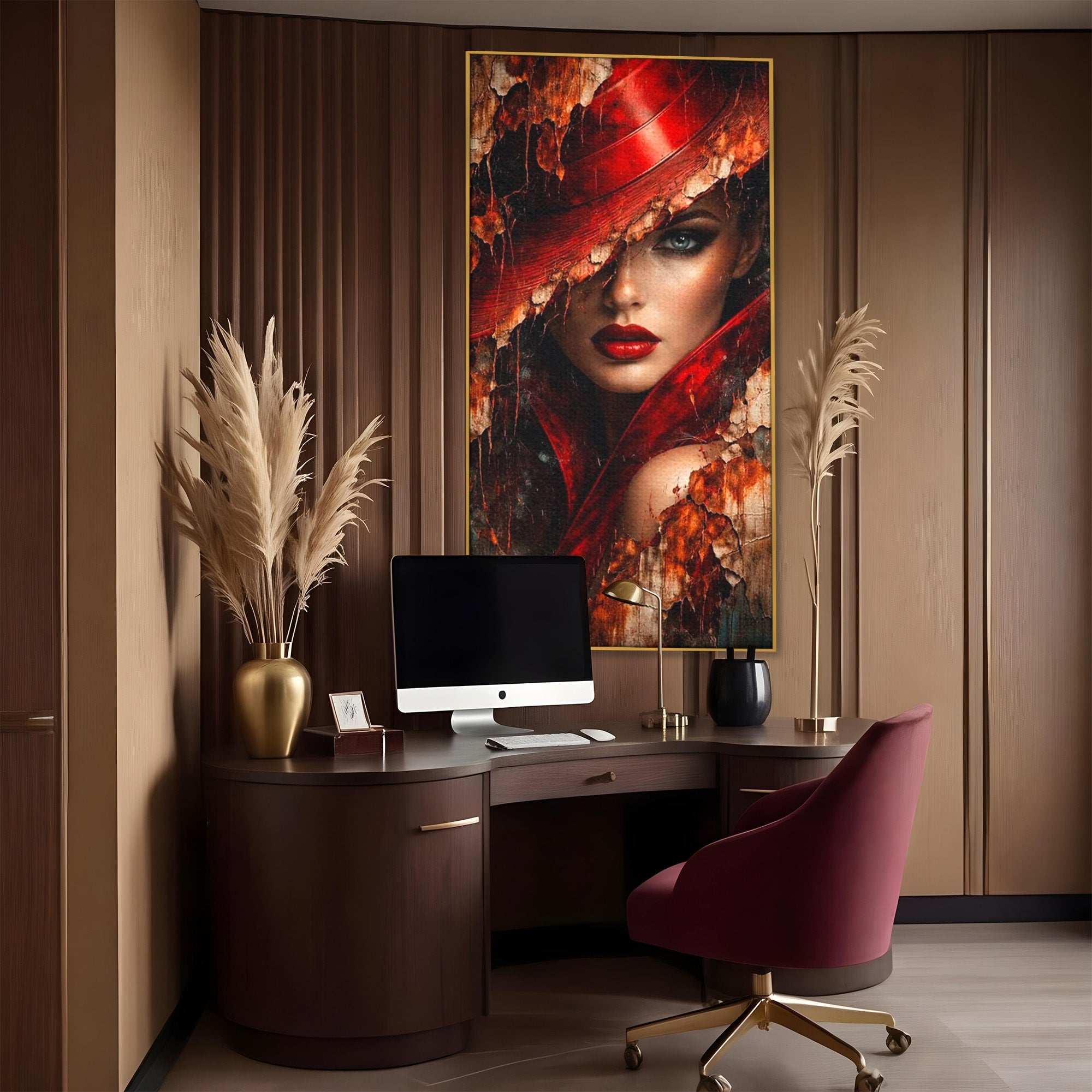 Tablou Canvas Premium LuxCanva® PI1018, Femeie Misterioasa, Portret, Rosu, Femeie, Mister, Arta, Living, Dormitor, Culori Vibrante