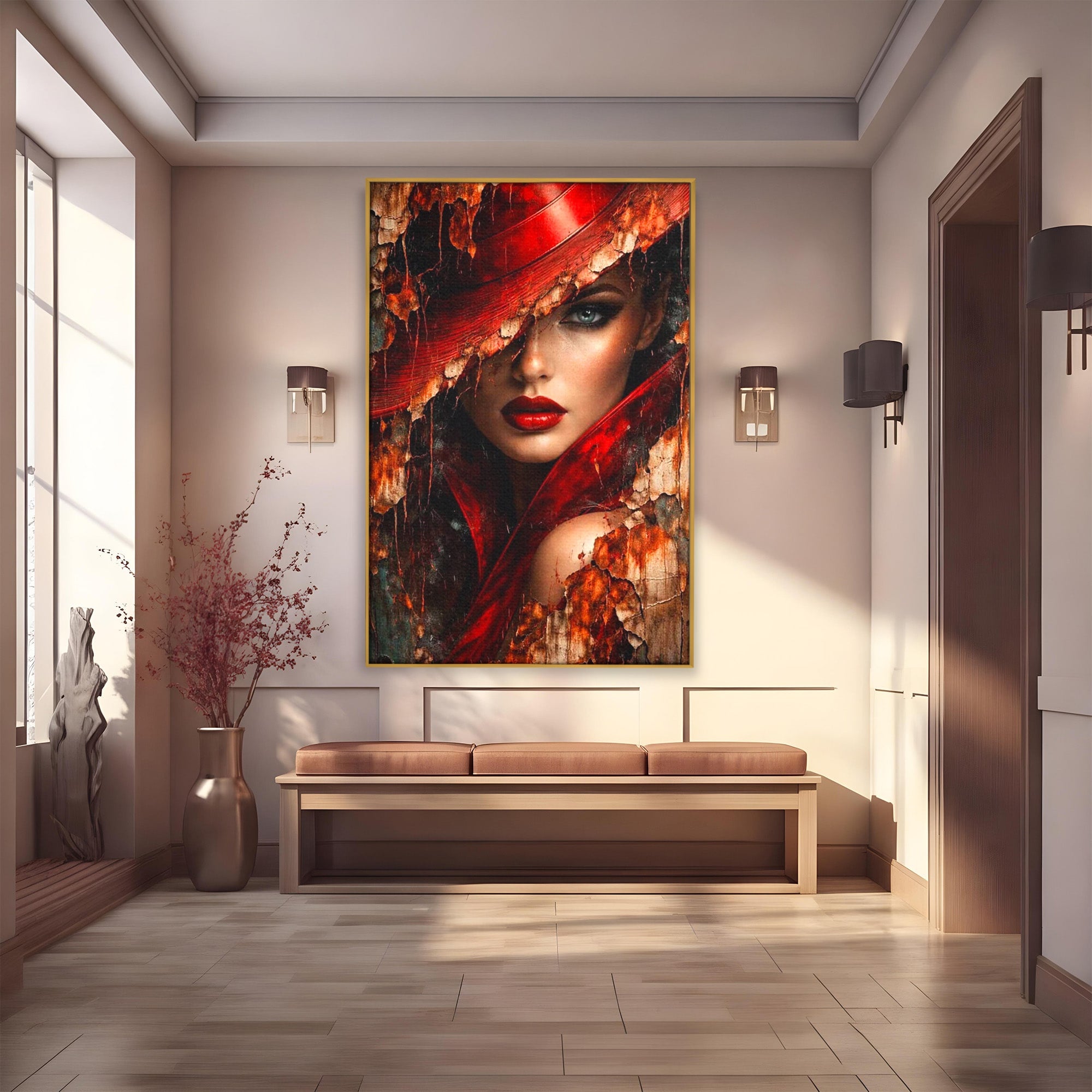 Tablou Canvas Premium LuxCanva® PI1018, Femeie Misterioasa, Portret, Rosu, Femeie, Mister, Arta, Living, Dormitor, Culori Vibrante