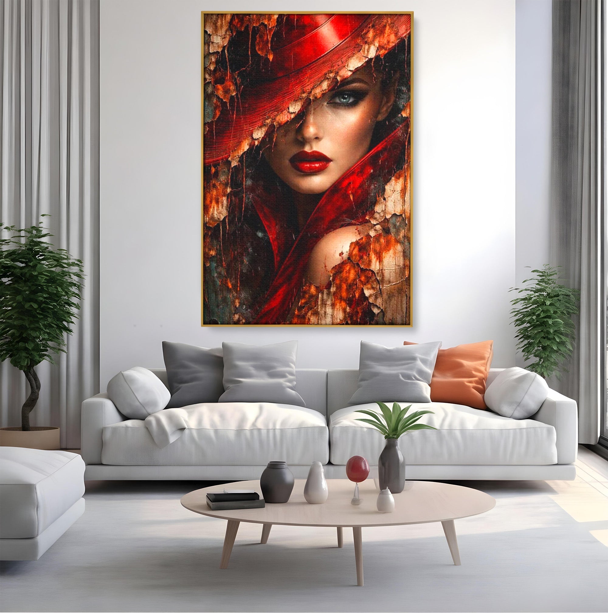 Tablou Canvas Premium LuxCanva® PI1018, Femeie Misterioasa, Portret, Rosu, Femeie, Mister, Arta, Living, Dormitor, Culori Vibrante